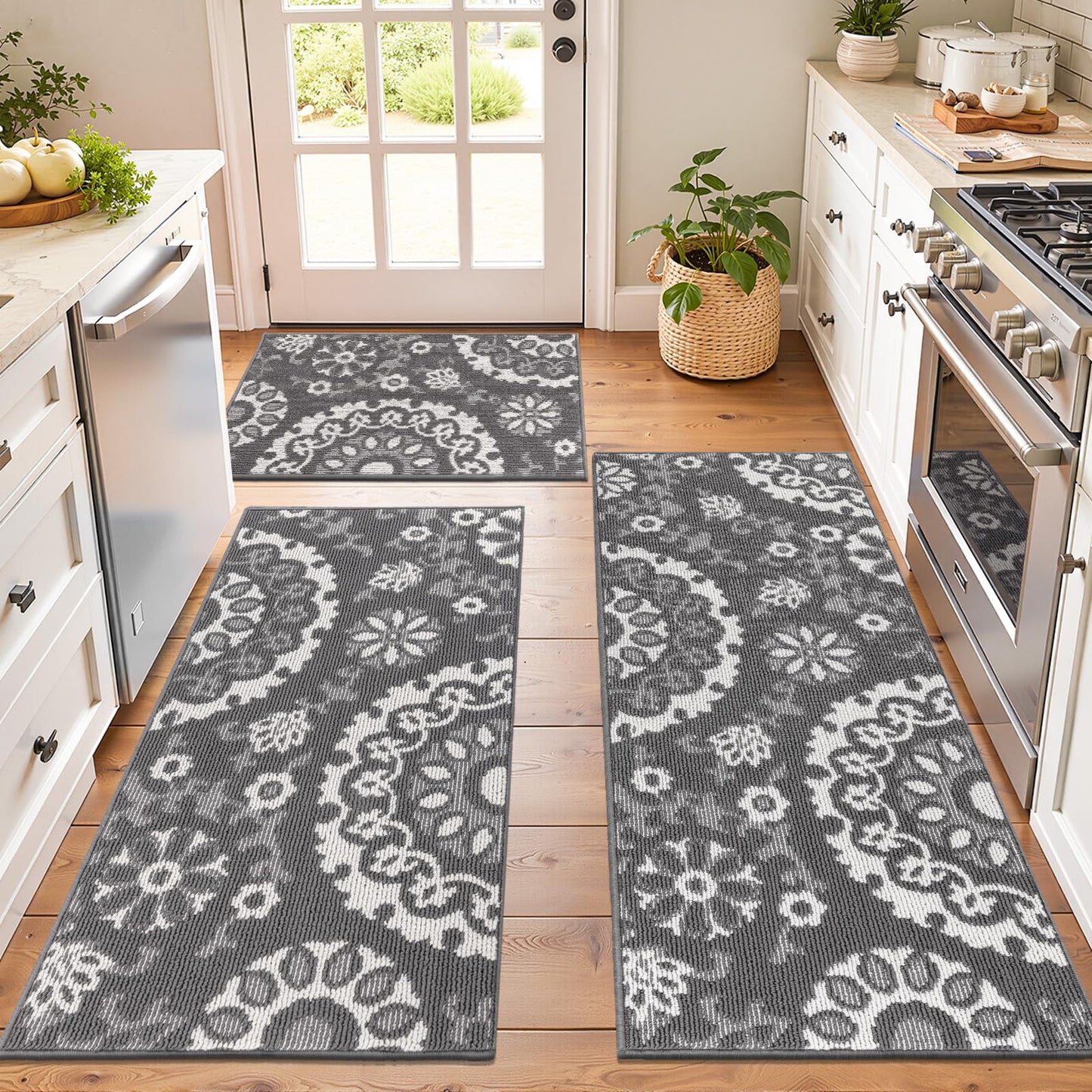 Yamaziot Washable Kitchen Rug Sets of 3, Non Slip Kitchen Mats for Floor, High-Low Textured Kitchen Runner Absorbent Stain Resistant Floor Carpet for Hallway, Laundry, Sink (Grey, 2x3+2x4+2x5ft)