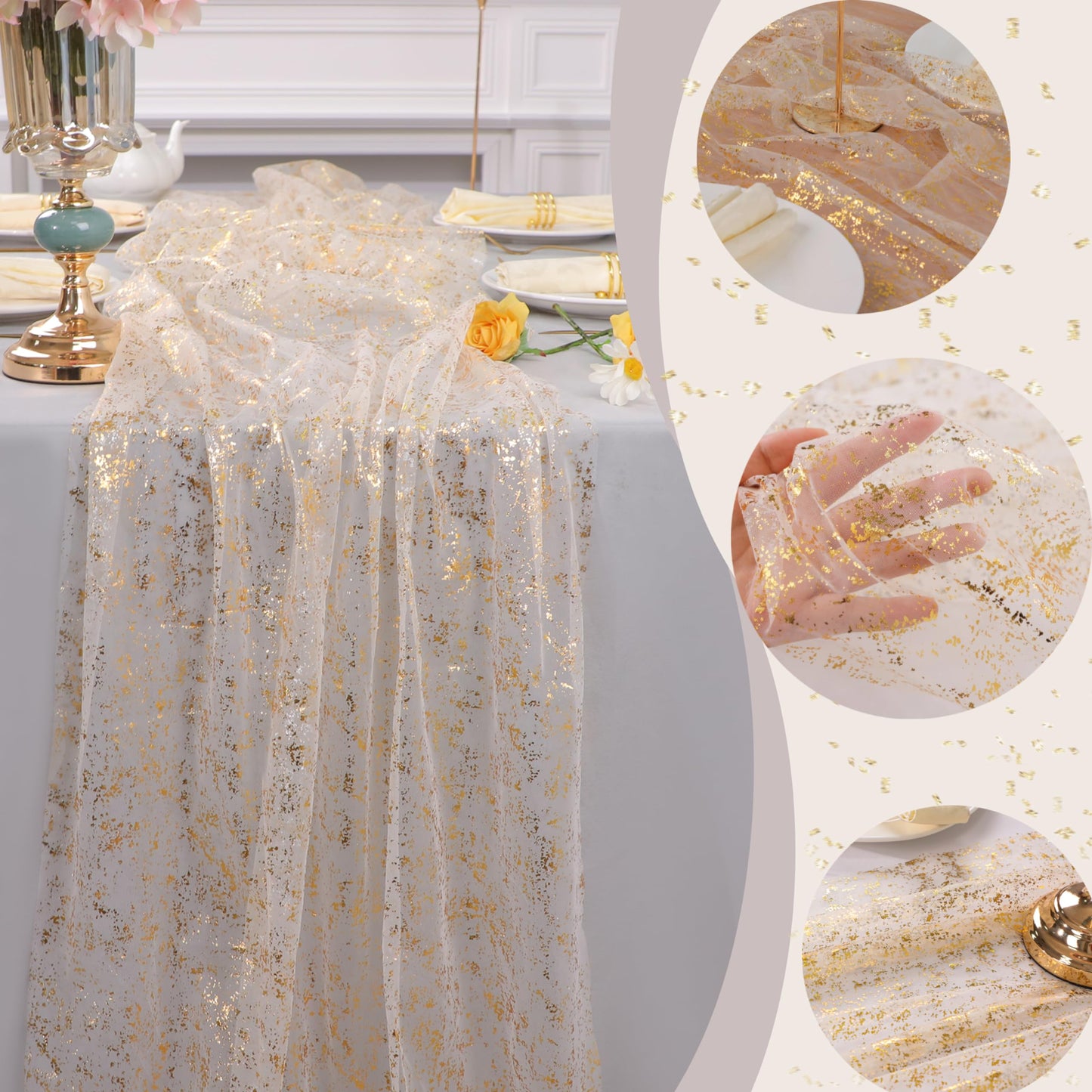 Snowkingdom 10 Pack 10ft Gold Table Runners, Sheer Chiffon Tulle Cheesecloth Sequin Glitter Metallic, Golden Centerpieces Table Decorations for Party Wedding Christmas Birthday Bridal Baby Shower