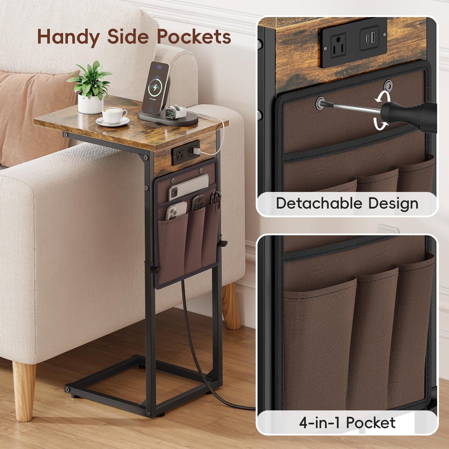 Vagusicc C Shaped End Table with Charging Station, Adjustable Height Side Table for Couch, Small Sofa Table with Storage Bag, Slide Under Sofa TV Tray Snack Arm Tables for Living Room, Bedroom, Brown