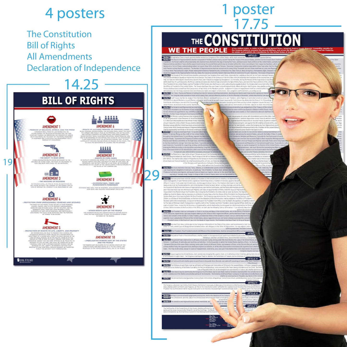American Founding documents LARGE Laminated 4 Pack: US Constitution, Declaration of Independence, Bill of Rights, Entire Constitution and Amendments NEW 3.0 Now with larger fonts (18x29) Young N Refined