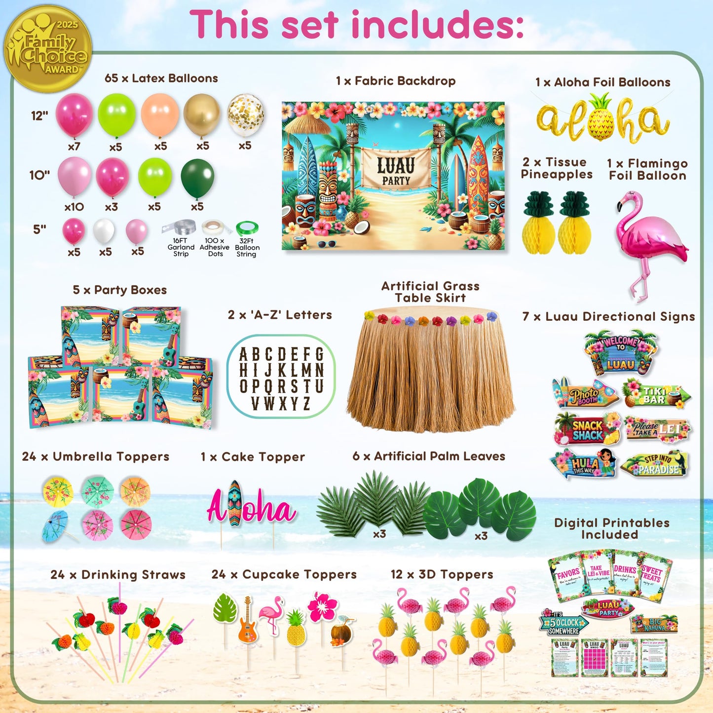 180 pc Premium Luau Party Decorations Set – Hawaiian Birthday Party Decor with Balloons, Backdrop, Table Skirt, Toppers & More – Tropical Aloha Themed Supplies for Indoor & Outdoor Celebrations
