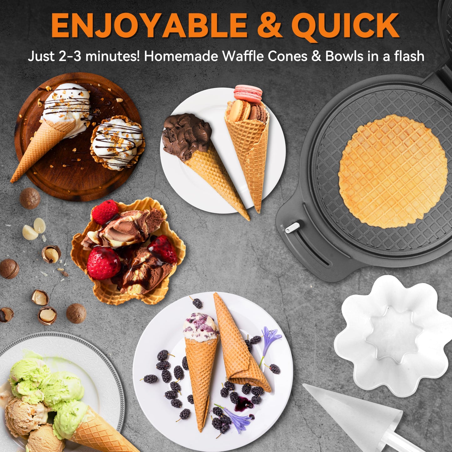 Baker's Friend Waffle Cone Maker Machine with Browning Control, 7.5” Ice Cream Cone Maker, Cone Roller & Bowl Press Included,Thin Waffle Maker Crispy, Nonstick Waffle Bowl Maker,Graphite
