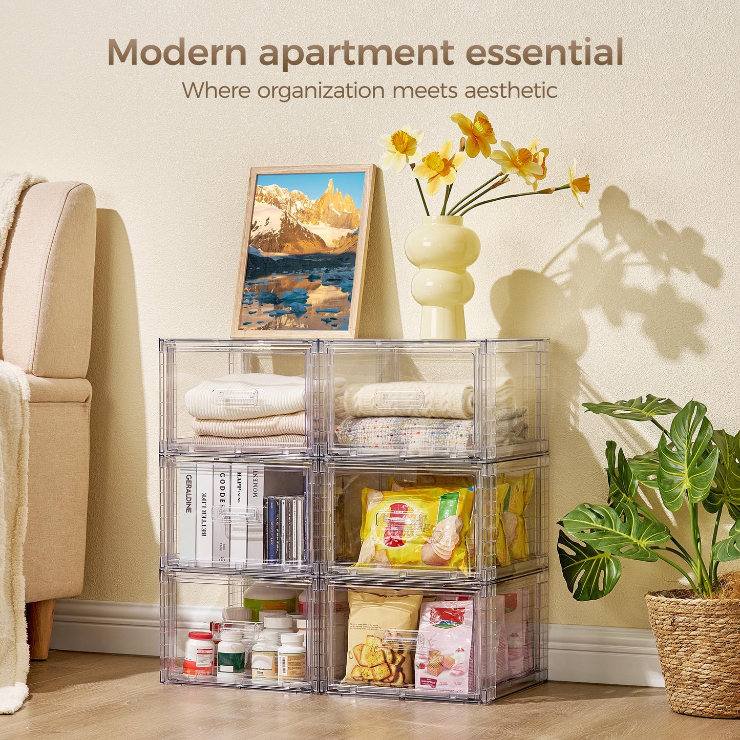 Vtopmart 4 Pack 18QT Clear Stackable Storage Drawers,Easily Assemble Closet Organizers,Plastic Storage Bins for Bathroom,Cabinet,Kitchen Pantry,Under Sink Organization(Medium)