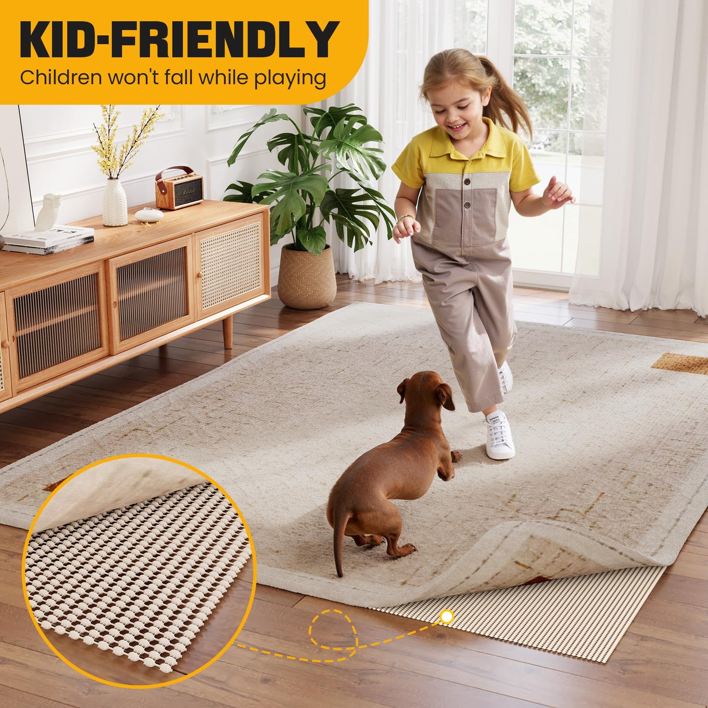 Jorvila Non-Slip Rug Pad Gripper 9x12 Feet, Anti Skid Mat for Under Area Rugs, Keeps Rugs in Position and Safe, Thick Cushioned Carpet Pad for Hardwood Floors Protection