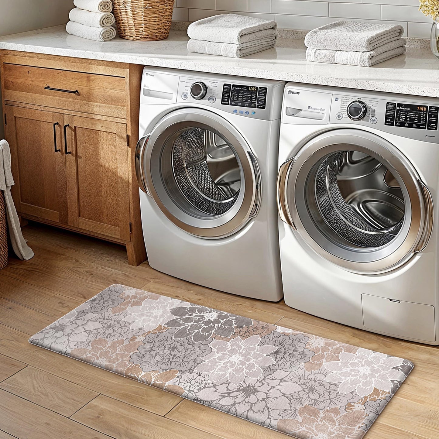 GENIMO Kitchen Mats for Floor, Kitchen Rugs Non Slip Washable Sets of 2, Waterproof Cushioned Anti Fatigue Mat, Floral Runner Rug for Laundry, Sink, Office, Home, 17.3"x47"+17.3"x30", Taupe Grey