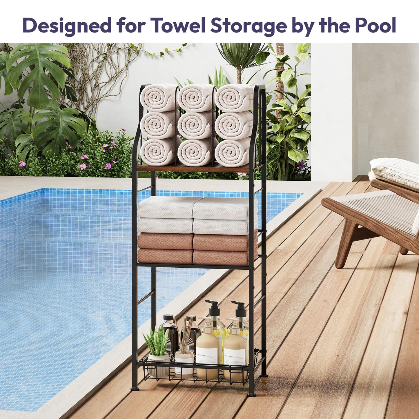 SWTYMIKI Free Standing Towel Rack - 3 Tier M-Shaped Detachable Dividers Towel Shelf for Bathroom, Durable Metal Pool Towel Holder, Modern Space-Saving Bath Towel Storage Organizer