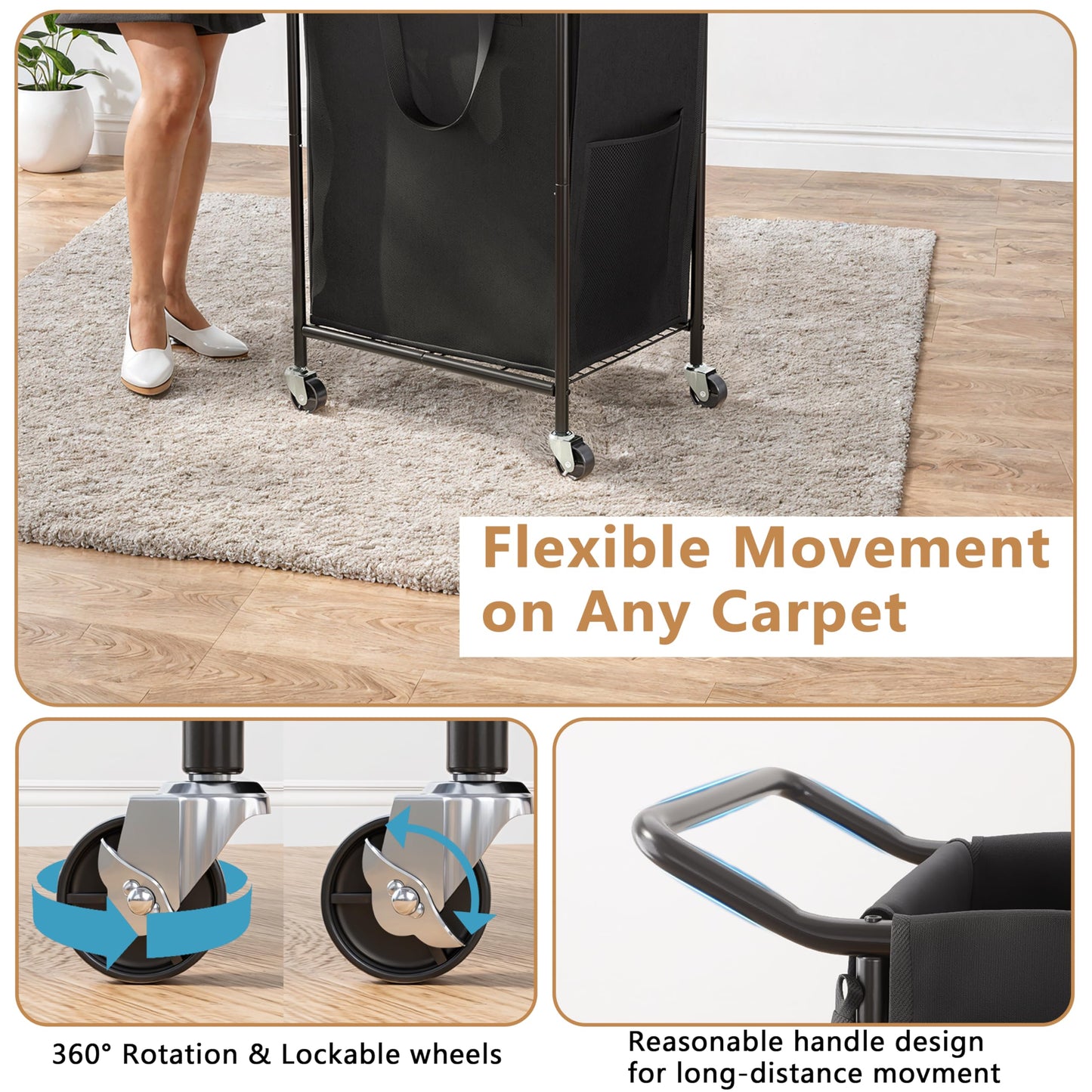 150L Laundry Basket with Wheels, Double Rolling Laundry Hamper with Metal Frame and Removable Bag, Dirty Clothes Hampers for Bedroom, Bathroom, Dorm Room, Black