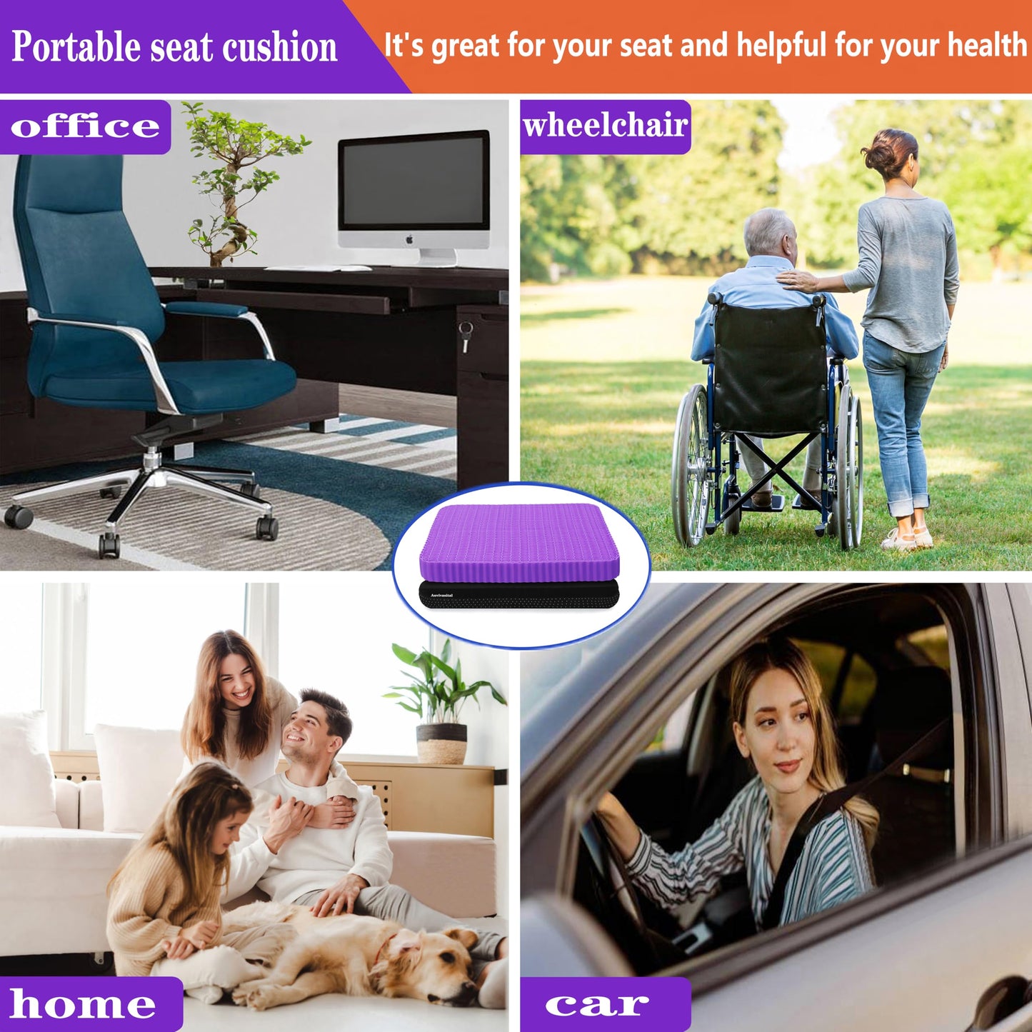 Innovative Gel Seat Cushion for Long Sitting, Soft and Breathable, Seat Cushion for Back, Sciatica, Hip, Tailbone Pain Relief, Used for The Office, Wheelchair, Recliner, Car, Stadium, Kayak.(Púrpura)