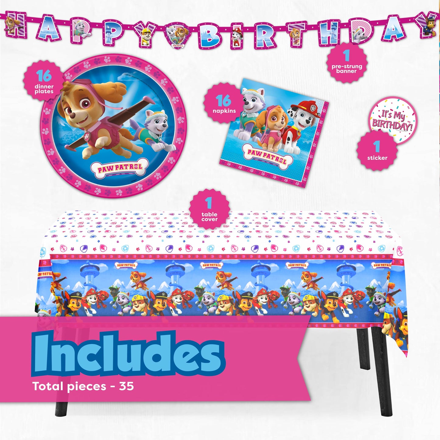 Skye Paw Patrol Birthday Decorations | Serves 16 | Banner, Tablecloth, Plates, Napkins Sticker | Paw Patrol Party Decorations