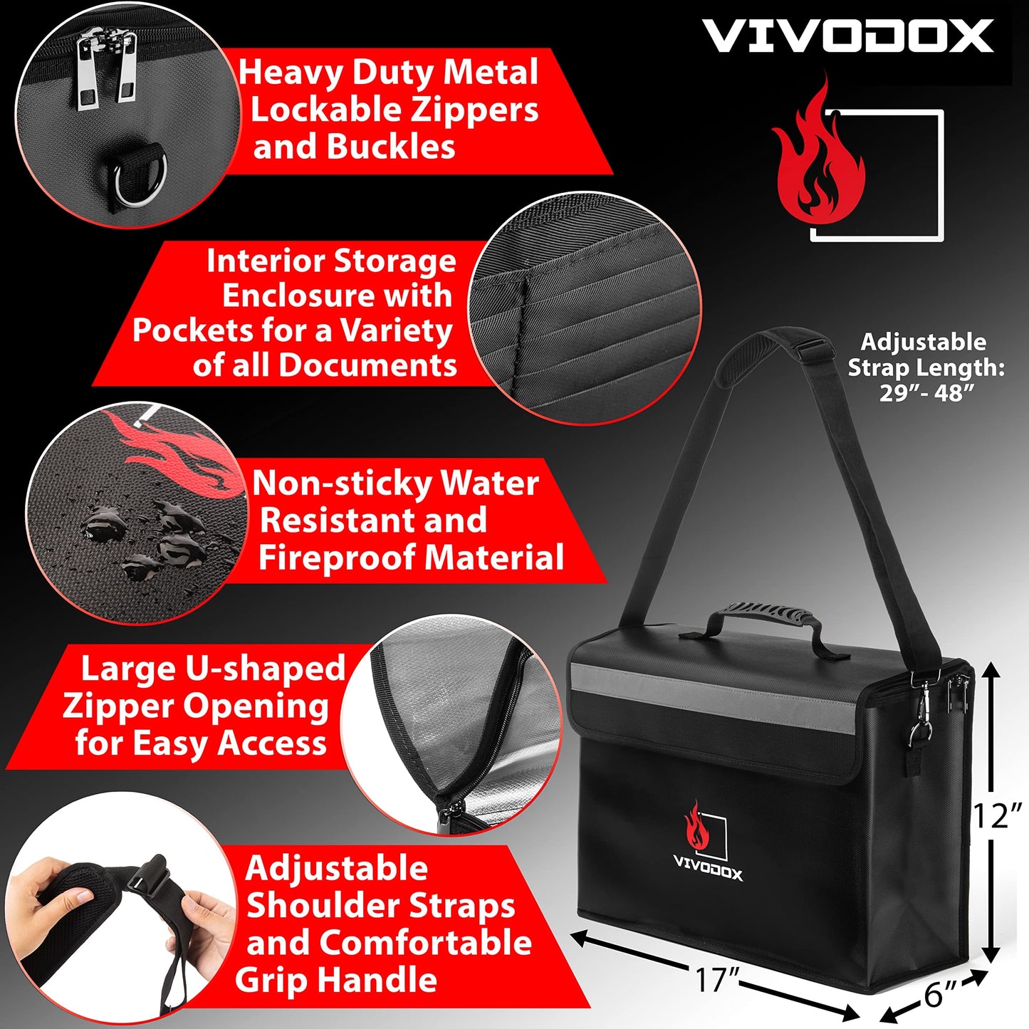VIVODOX Fireproof Document Bag - Large (17" x 12" x 6") Fireproof Waterproof Storage for Binders, Legal Size Documents and Valuables, Heavy Duty Lightweight Briefcase for Home or Office