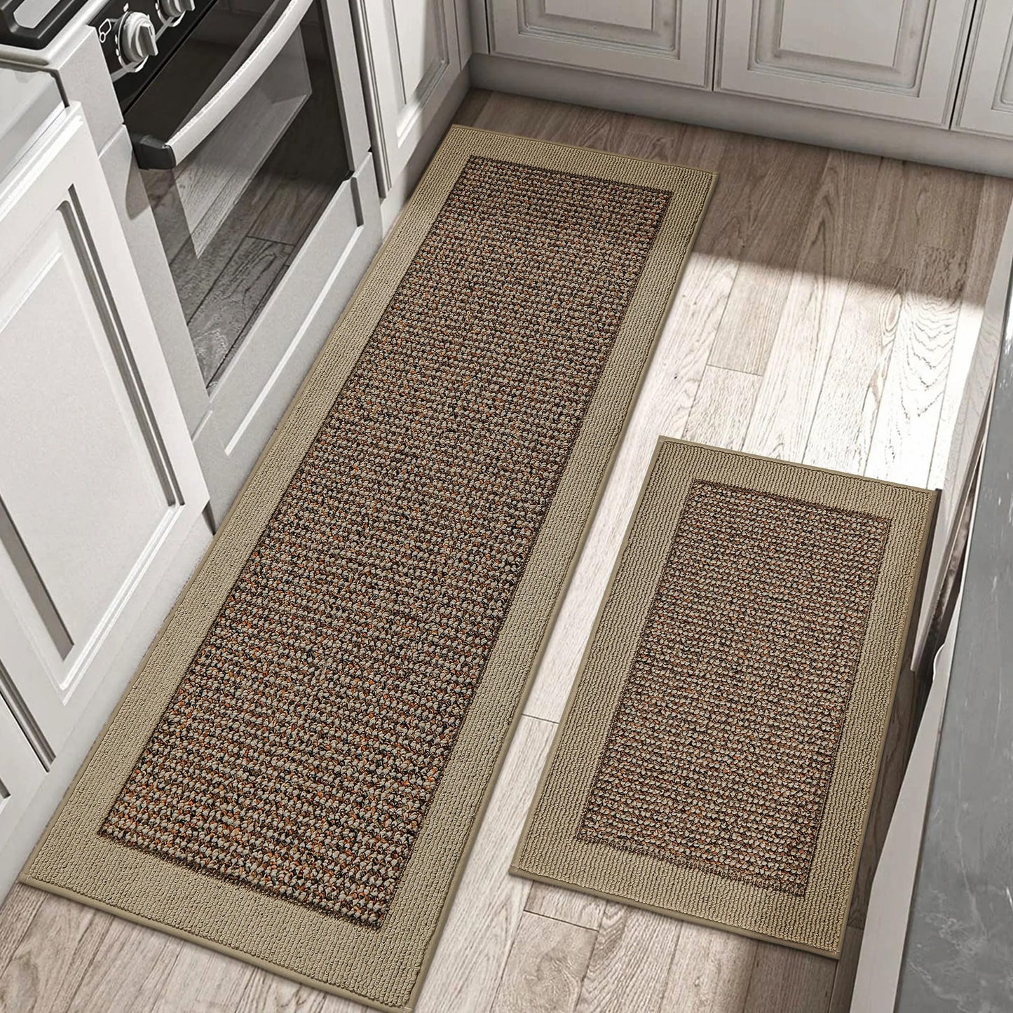 BEQHAUSE Kitchen Rugs and Mats Set of 2 Non-Slip Kitchen Mats for Floor, Absorbent and Stain Resistant Kitchen Runner, Machine Washable Rugs for Kitchen, Laundry & Sink, 20"x32"+20"x48", Taupe