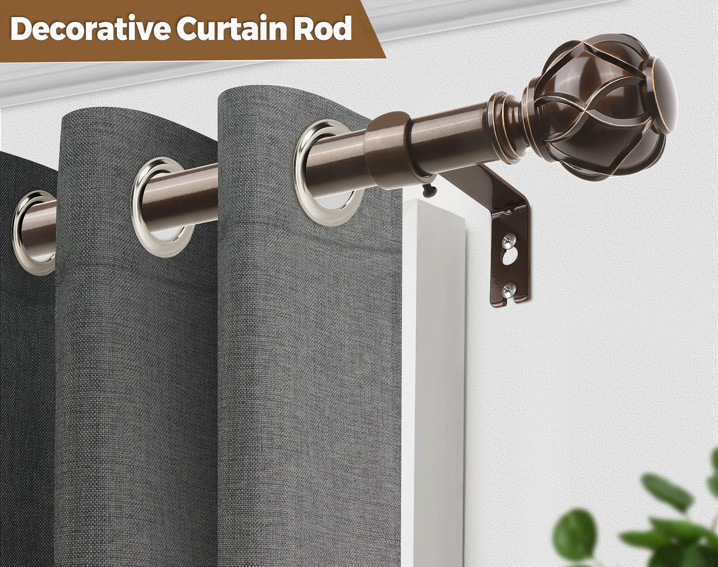 KAMANINA Curtain Rods for Windows 66 to 120 Inch, 7/8 Inch Antique Bronze Heavy Duty Curtain Rod 32 to 120 (2.6-10ft), Adjustable Decorative Drapery Rods with Netted Texture End