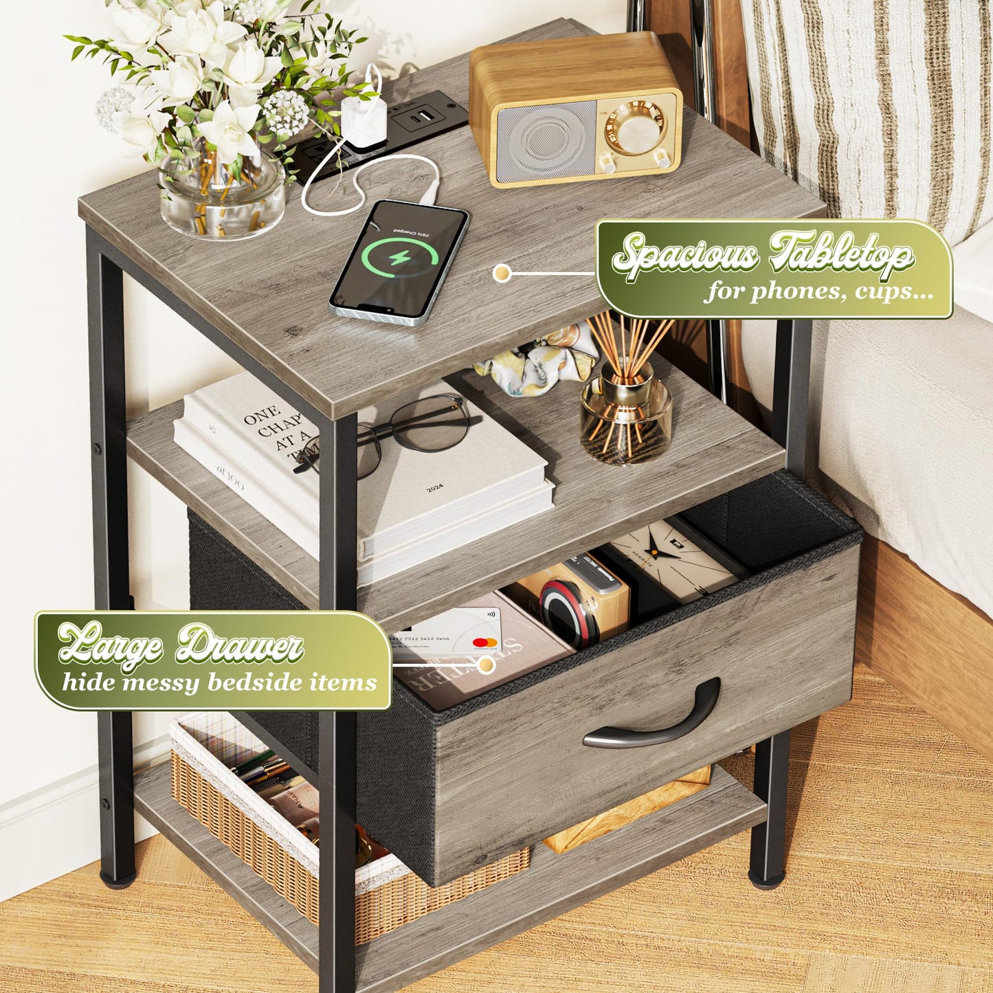 SUPERJARE Nightstand with Charging Station, Bed Side Table with Adjustable Fabric Drawer, Night Stand for Bedroom, 3-Tier Storage End Table, for Living Room, Oak