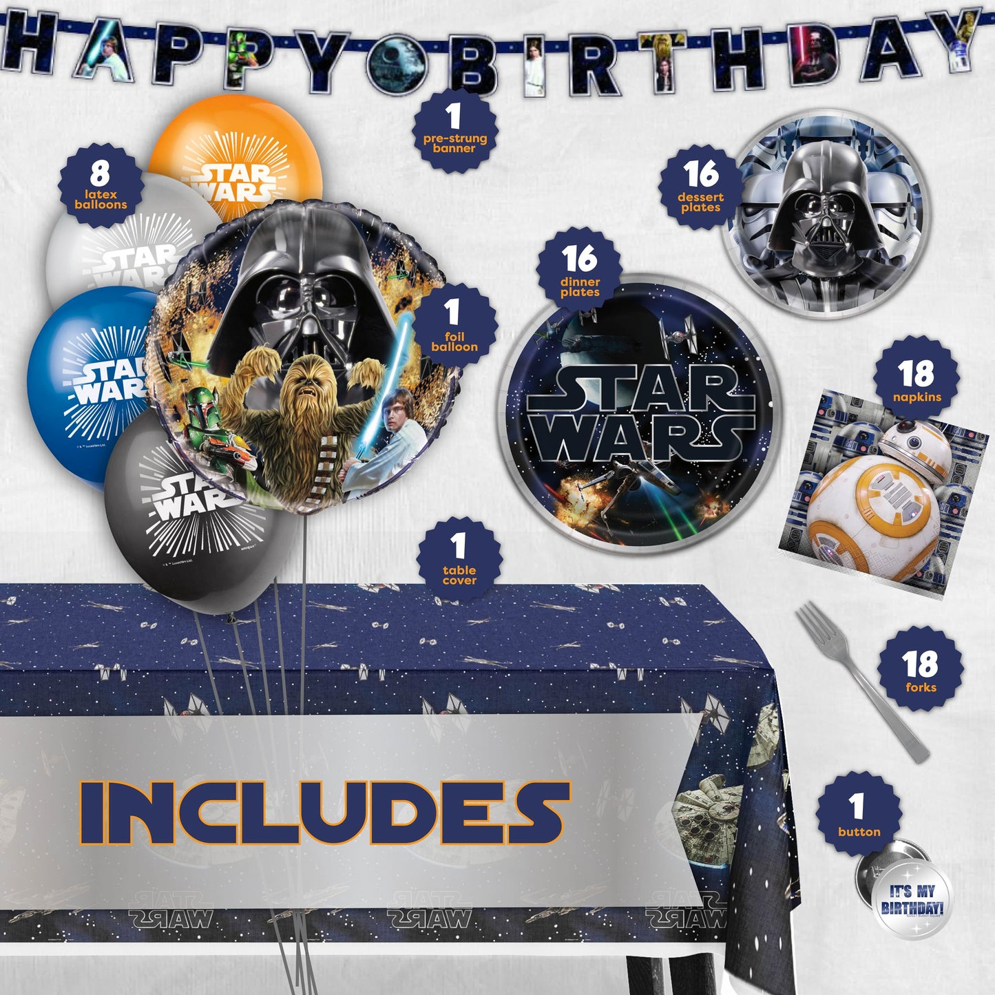 Star Wars Birthday Decorations | Serves 16 Guests | Star Wars Party | Balloons, Banner, Tablecloth, Plates, Napkins, Forks, Button