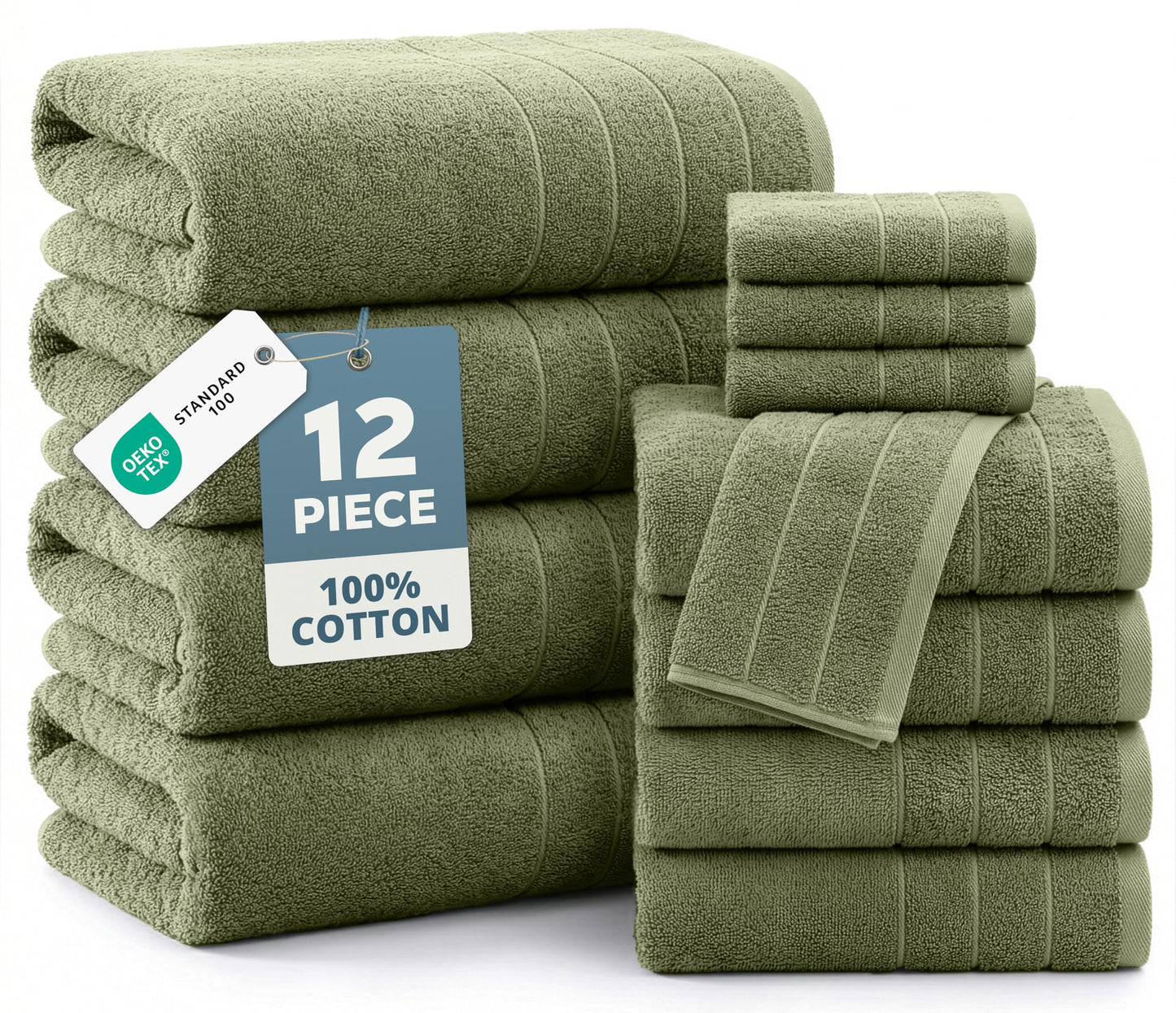 Casa Platino 100% Luxury Bath Towel Pack of 12 - Softer, High Absorbency & Durable - 4 Bath, 4 Wash Cloth, 4 Hand Towels for Bathroom - Premium Look, Spa Quality, Solid Dyed Towels - Oil Green