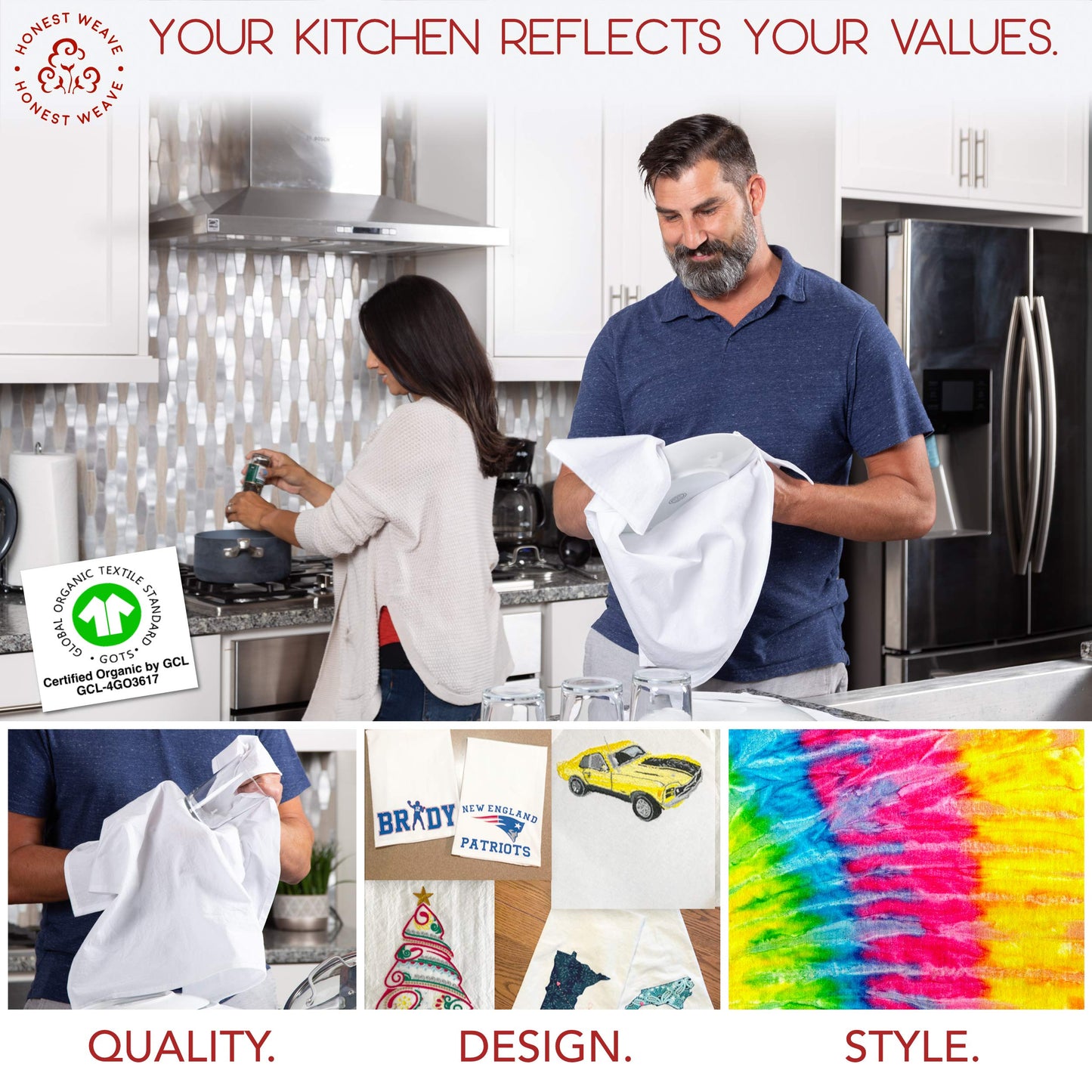 HONEST WEAVE GOTS Certified 100% Organic Flour Sack Cotton Kitchen Hand and Dish Towel Sets - Extra Large 27x27 inches, Fully Hemmed, 12-Pack, Natural Tan