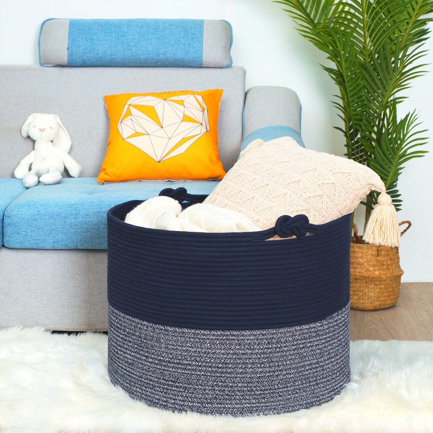 MINTWOOD Design Extra Large 22 x 16in Decorative Woven Cotton Rope Blanket Storage Basket Bin Living Room with Handles and Laundry Hamper for Pillows, Pool Towels, Dog Toys, Shoes, Navy Blue