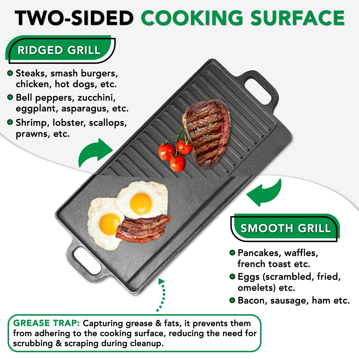 ProSource 2-in-1 Reversible 19.5” x 9” Cast Iron Griddle with Handles, Preseasoned & Non-Stick for Gas Stovetop, Oven and Open Fire.