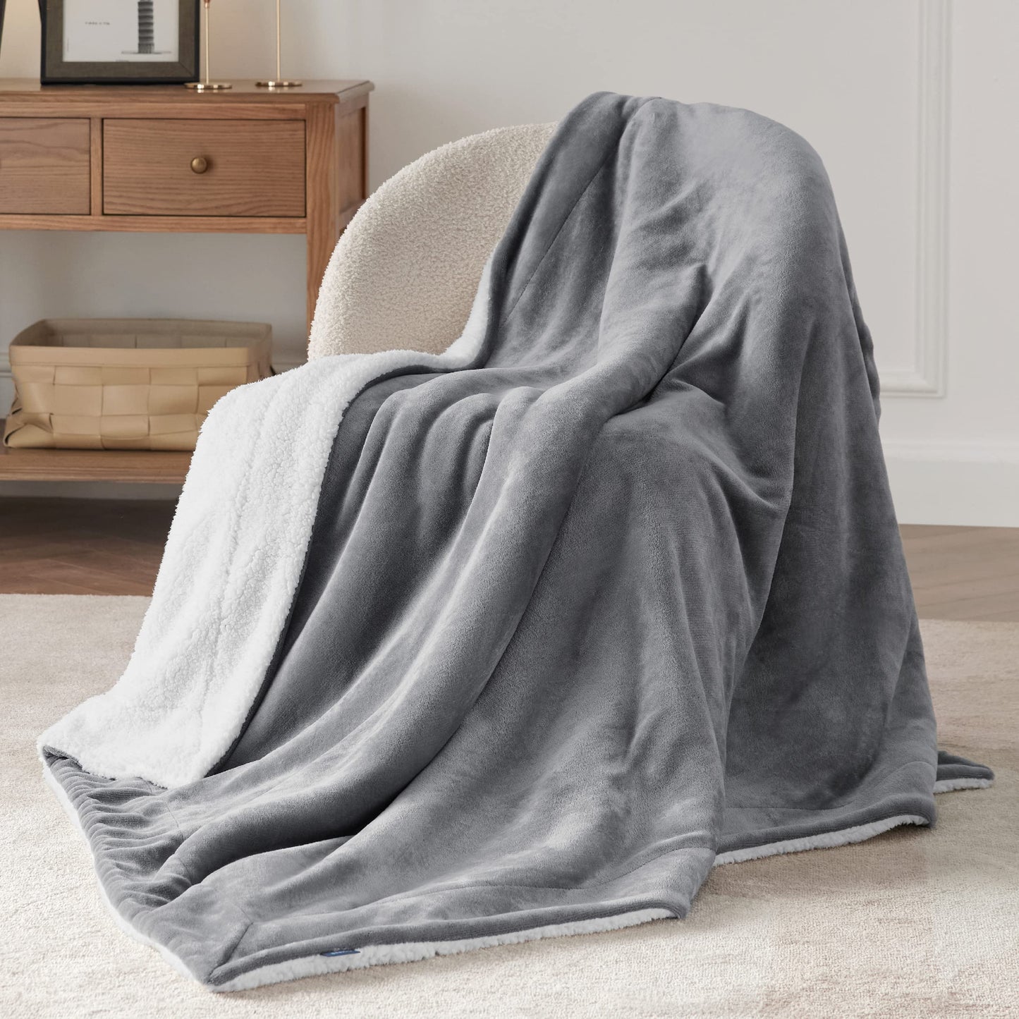 Bedsure GentleSoft Sherpa Fleece Twin Blanket for Couch, Non-Heated, Thick and Warm Throw for Women and Men, Soft Fuzzy Plush Blanket for Winter, Grey, 60x80 Inches