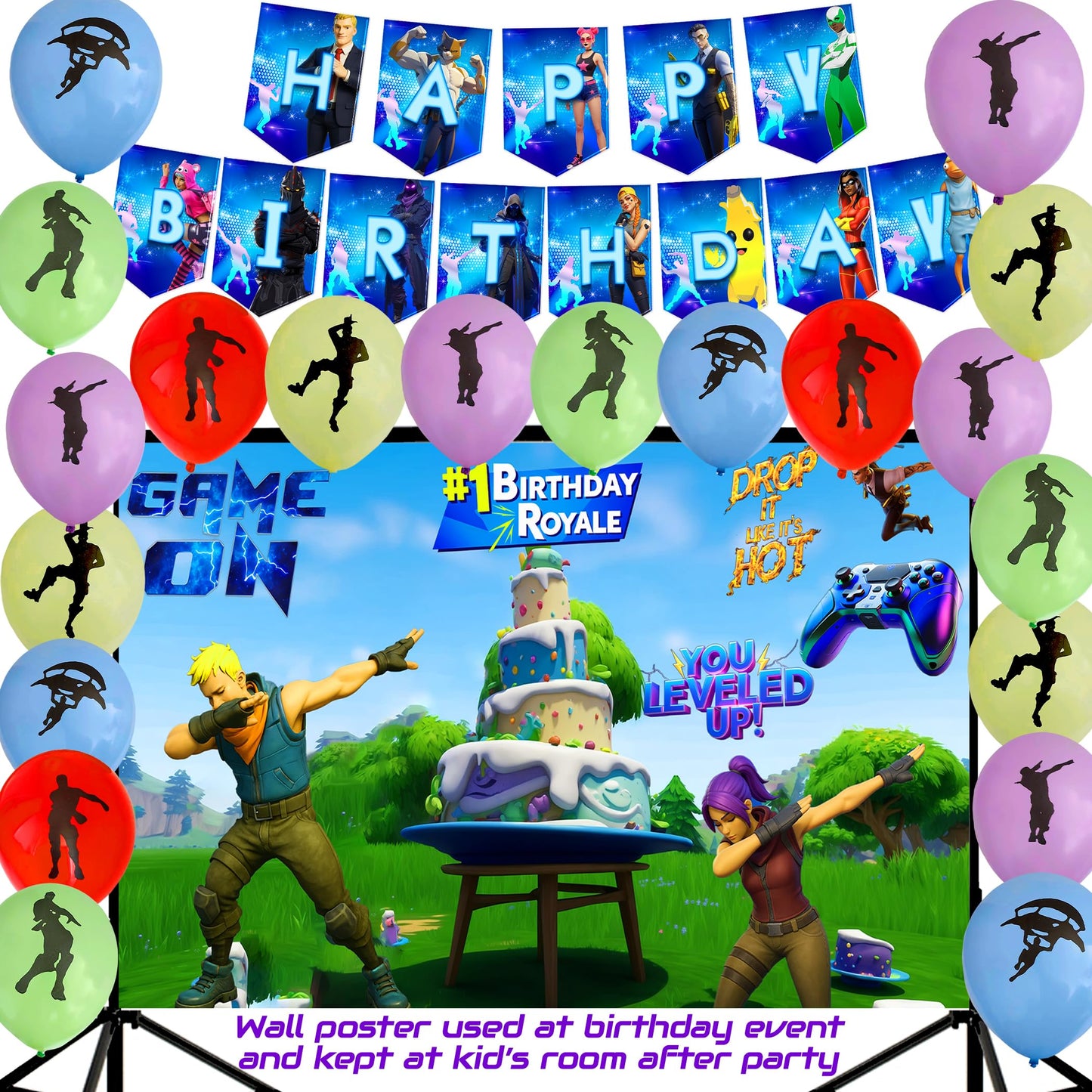 Gaming Party Supplies Birthday Decoration Set 142 Pack - Balloons, Toppers, Bottle Stickers Labels, Wall Poster, Banner Video Game Themed And Much More