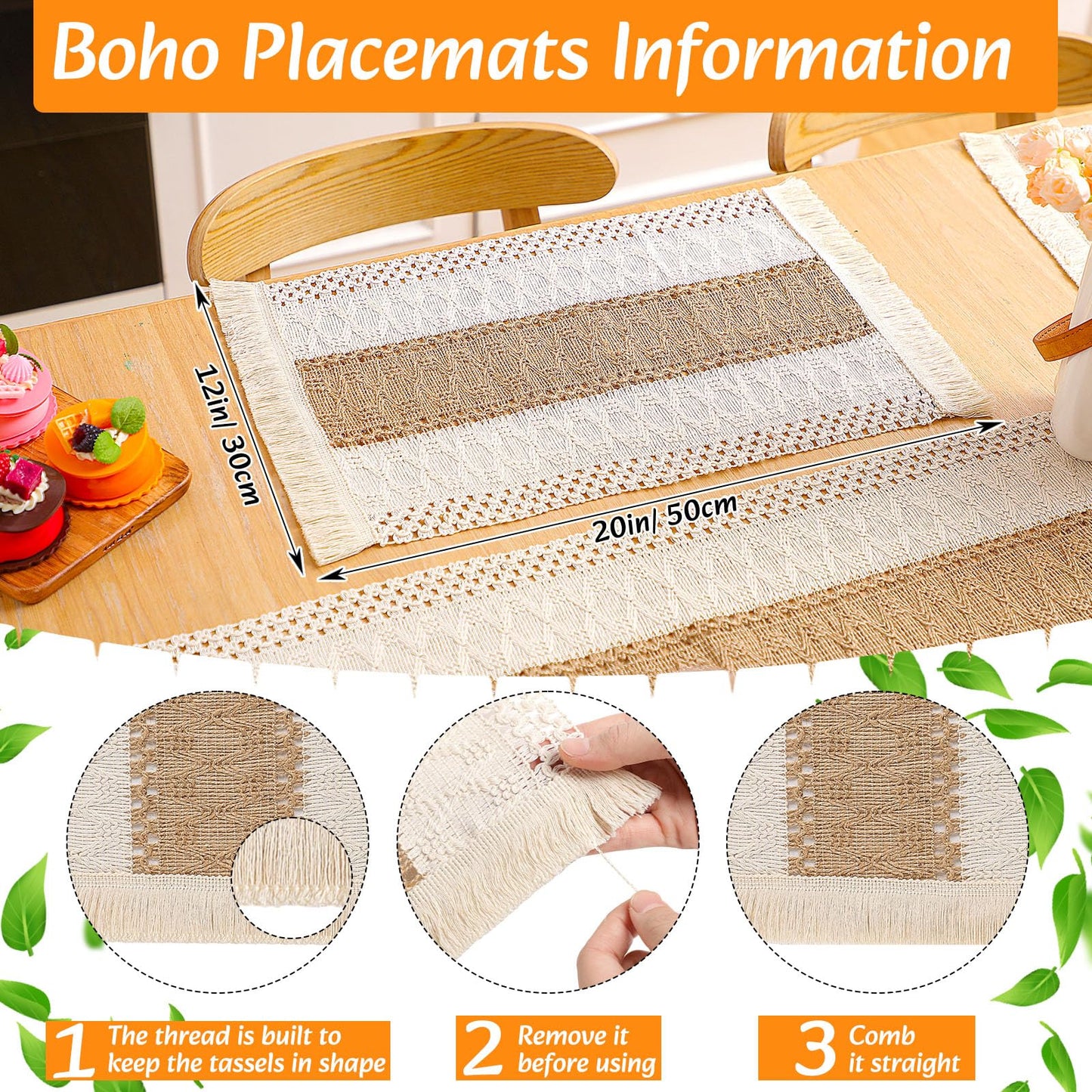 Gandeer Boho Placemats 4/6/8 Set of Round Woven Placemat Macrame Style Bicolor Stitching Long Table Runner Farmhouse Rustic Natural Burlap Cotton for Kitchen Dining Table(6 Sets,Brown,12x72)