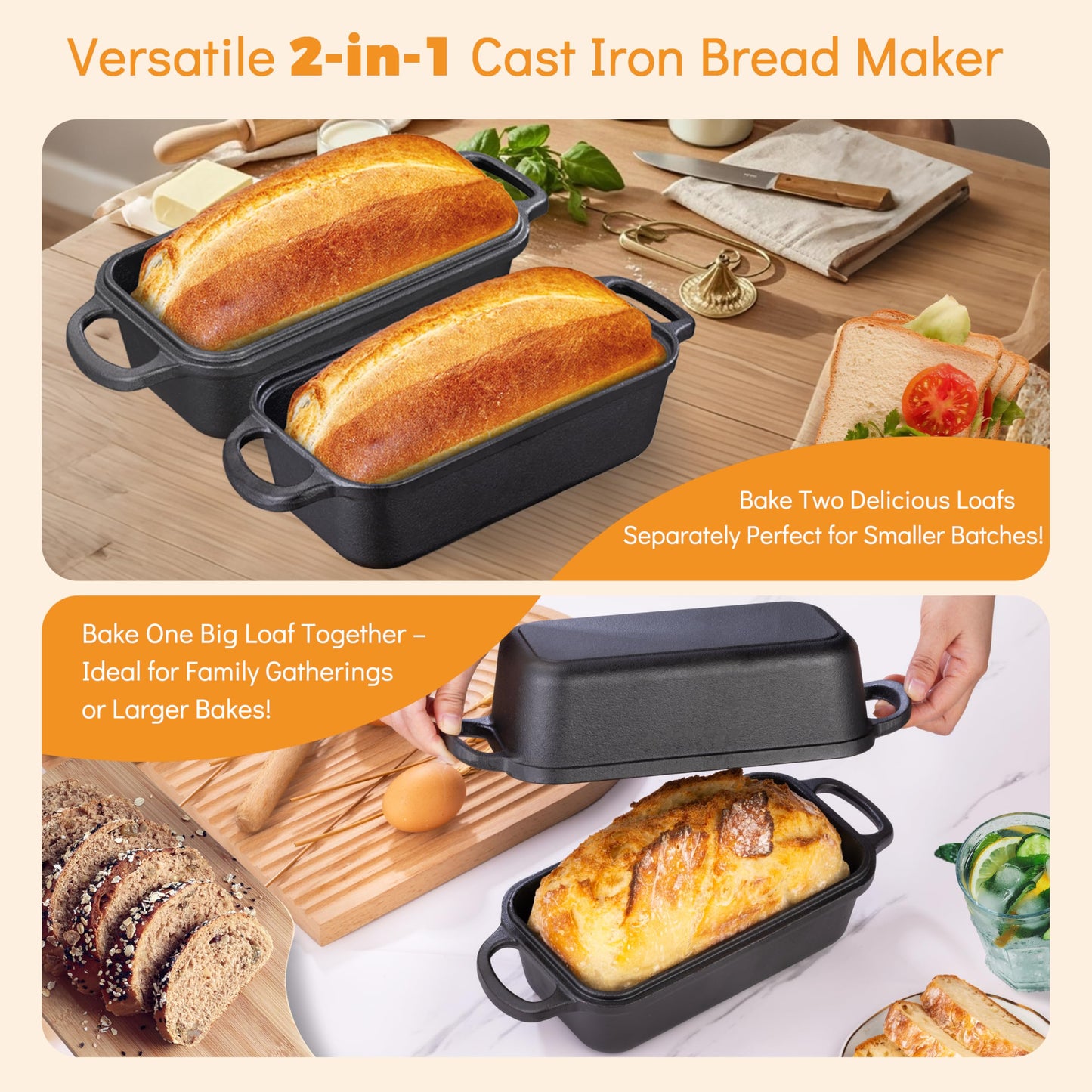 GRMImosa 2 in 1 Cast Iron Bread Loaf Pan with Lid, Loaf Pans for Baking Bread 9x5 Inch, Even Heat Distribution for Meatloaf, Homemade Bread