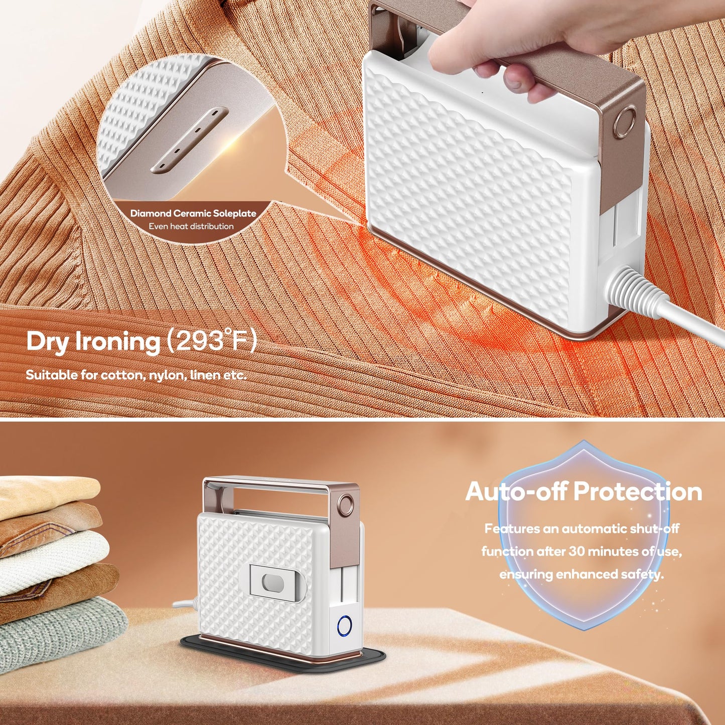 Newbealer Travel Steam Iron for Clothes, Global Voltage 100-240V Handheld Steamer, 293℉ Dry Ironing, Non-Stick Ceramic Soleplate, Horizontal & Vertical Steaming, Auto-off, Silicone Mat & Bag, 1.5 lbs