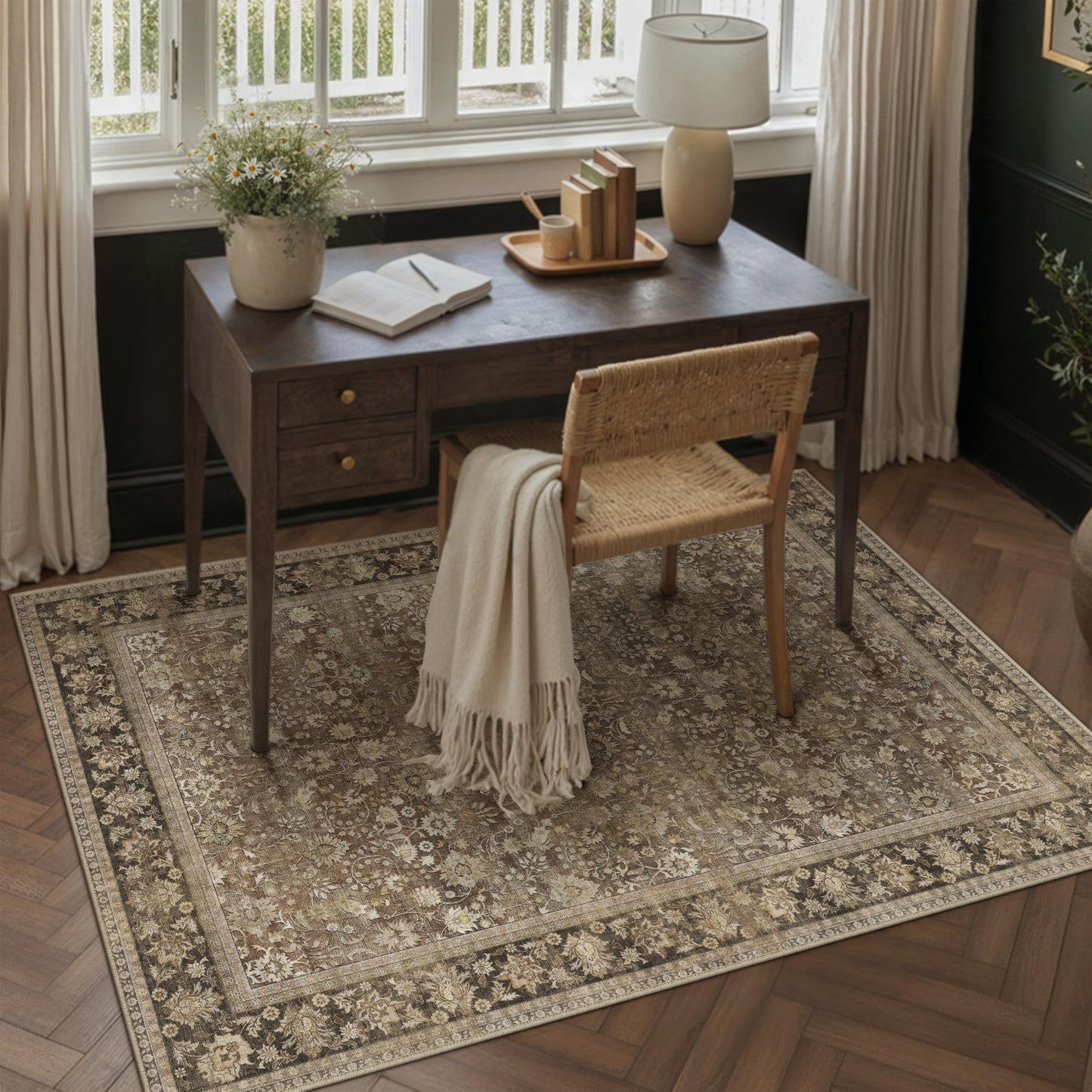 HUGEAR 5x7 Machine Washable Rugs Brown Hallway Area Rug Indoor Accent Rug Floral Low Pile Carpet Soft Throw Aesthetic Rug Bedroom Living Room Office Dining Room Kitchen Laundry Room Non Slip