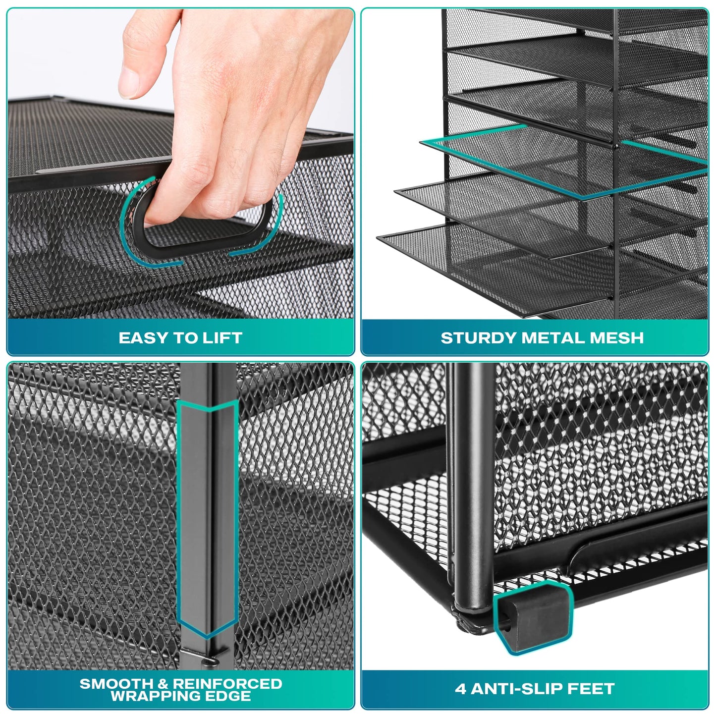 8 Tier Paper Letter Tray Organizer with Handles, Mesh Desk File Holder Storage Organization for Home School Classroom & Office (Black-2Pack)