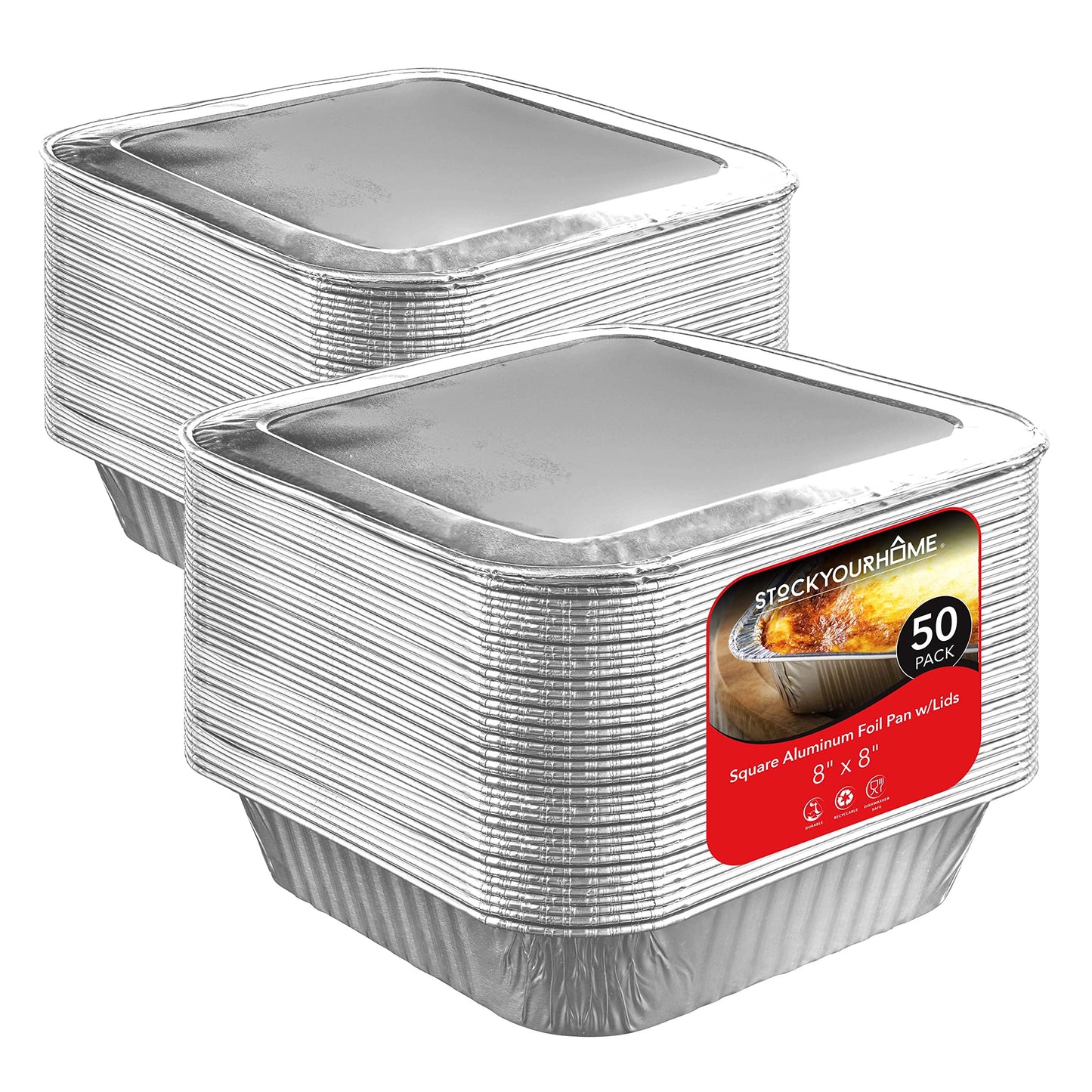 Stock Your Home 8” Square Foil Pans with Lids (50 Pack) - Foil Cake Pans with Covers - Aluminum Baking Pans - Disposable Cake Pans - 8 Inch Square Pans - Disposable & Recyclable Pans with Lids