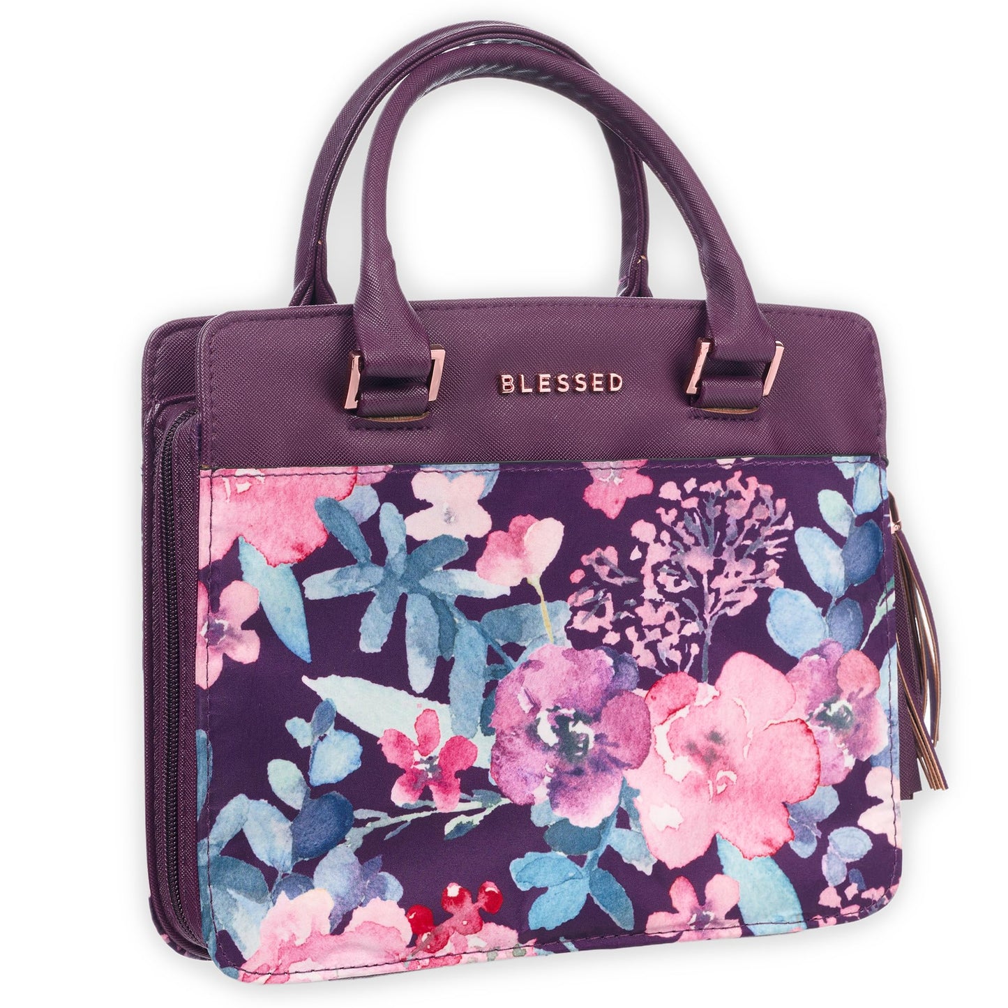Christian Art Gifts Women's Fashion Bible Cover Purse Style Blessed, Purple Floral Faux Leather, Large
