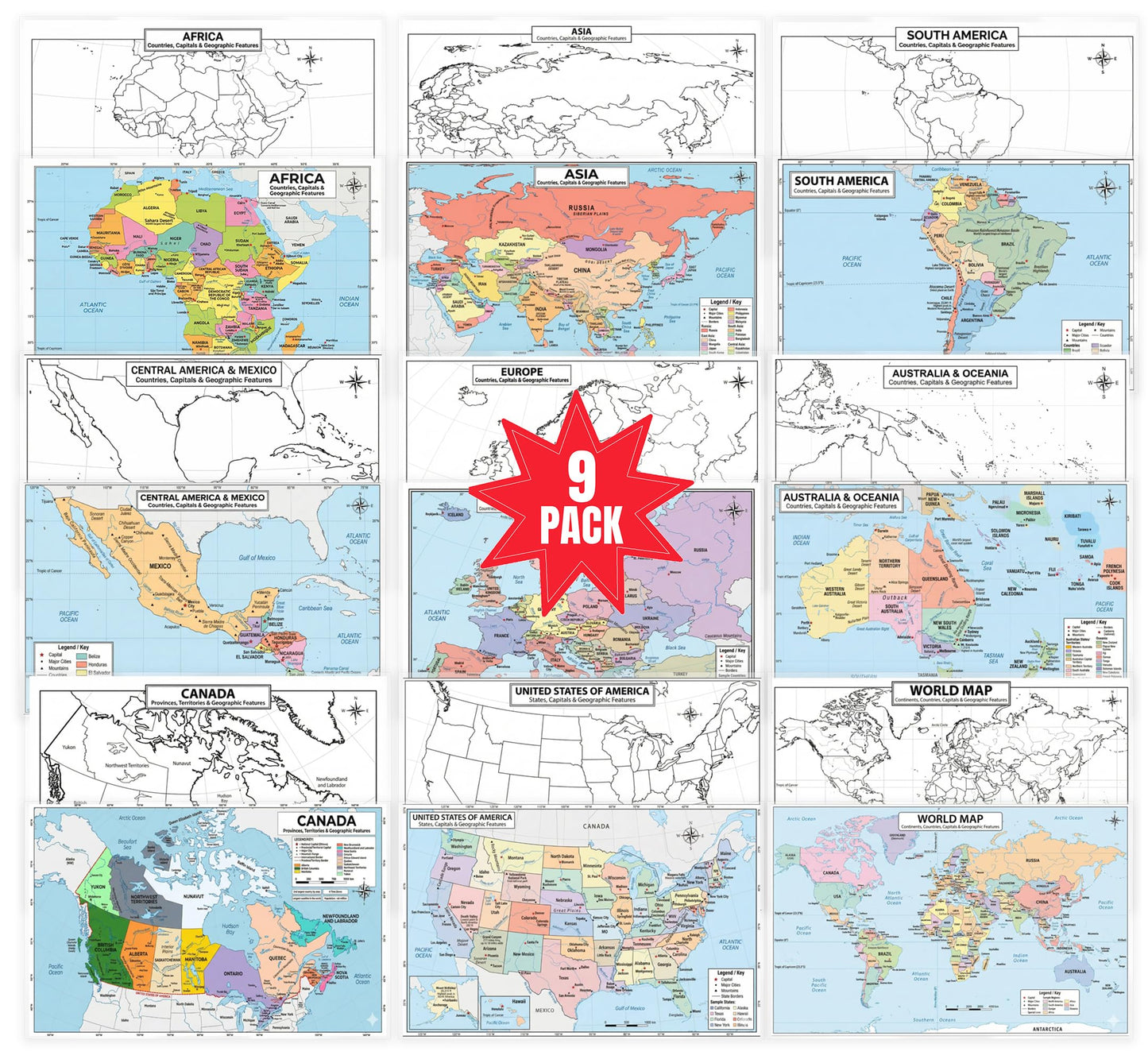 World Geography Map Set – 9-Pack Laminated 11x17 Dry Erase Study Maps | Double-Sided Classroom Learning Tools with Color Maps Front & Blank Outline Backs | Reusable Homeschool Practice, Test Prep & Memorization Aid