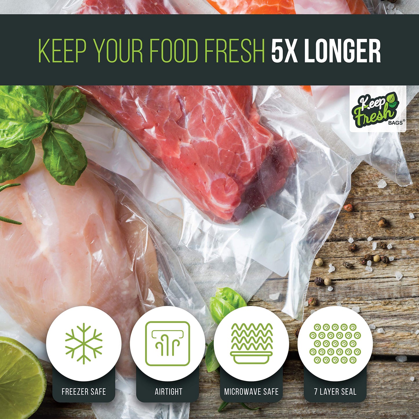 Keep Fresh Bags Vacuum Seal Bags, 15 x 18 Large Size, Vacuum Sealer Bags for Vacuum Sealing Food Storage, Freezer Bags, Sous Vide Cooking, or Bulk Save Food Storing, KF1518, 100 Count