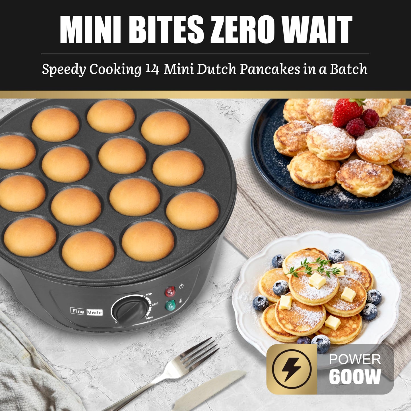 FineMade Non Stick Mini Pancakes Maker Machine, Electric Poffertjes Pan with Browning Control, Small Ebelskiver Aebleskiver Pan, Dutch Mini Pancake Maker, with Brush & Forks, 14 Slots, Black