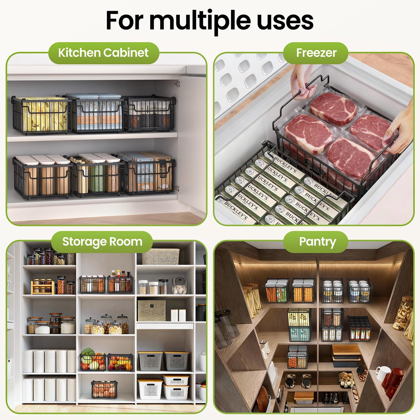 MSERCUOR Freezer Organizer Bins, 3 Pack Big Stackable Deep Chest Freezer Organizer Bins, Foldable Baskets with Handles, Black Storage Container Baskets for 5 to 9 Cu.FT Deep Freezer Sort Frozen Meats