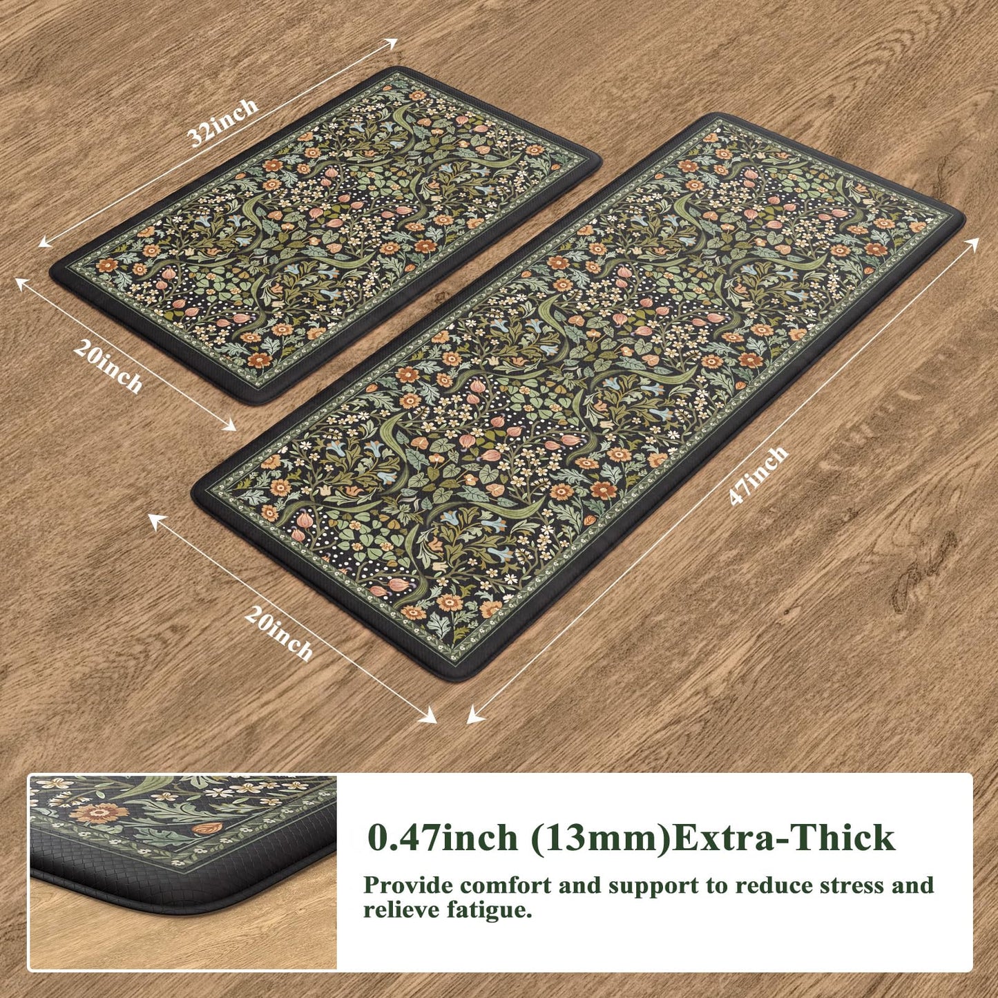 Collive Kitchen Floor Mat Cushioned Anti Fatigue, Boho Floral Desk Mats Non Skid Waterproof Kitchen Sink Rugs Sets of 2, Memory Foam Comfort Standing Carpet for Office, 20" x 47" + 20" x 32", Black