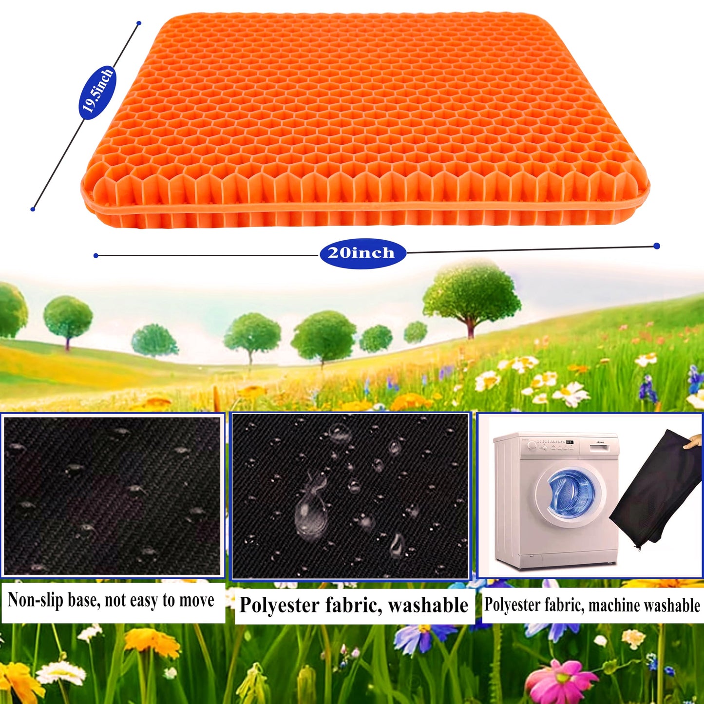 Plus Size Gel Seat Cushion for Long Sitting, Extra Large and Thick, Gel Cushion for Back, Hip, Sciatica, Tailbone Pain Relief, Use for The Office, Wheelchair, Car, Recliner, Stadium, Kayka.(Orange)