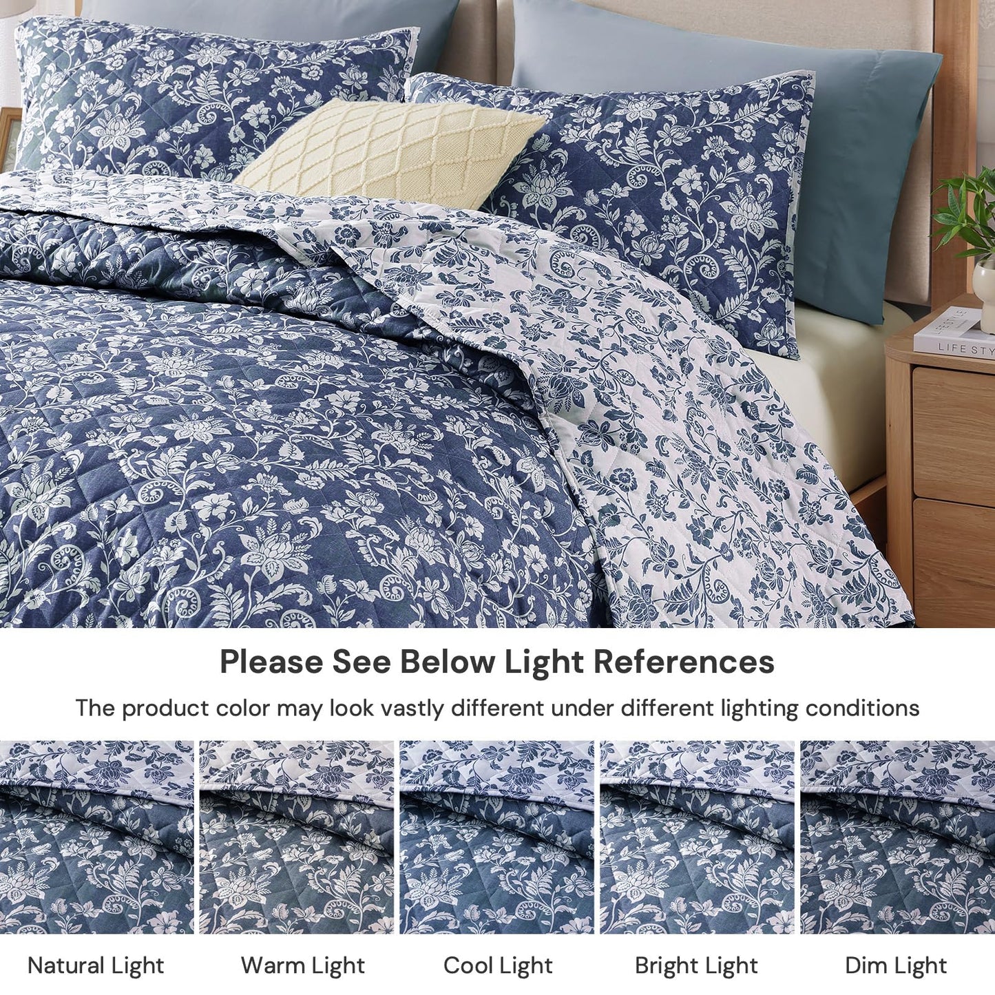 BLOOMHAVEN Quilt Set Queen Size, Oxford Blue Floral Quilt Sets, Reversible Bedspread Lightweight and Breathable for All Seasons, Soft Quilted Bedspread with 2 Pillow Shams