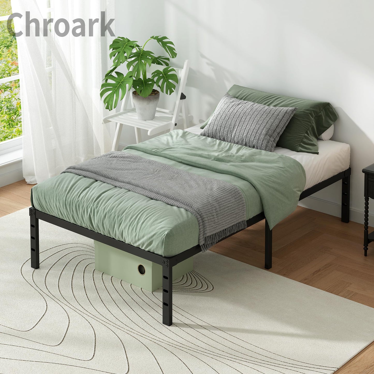 Chroark Metal Platform Bed Frame Twin Size, 18 Inch Height with Heavy Duty Steel Support, No Box Spring Needed, Easy Assembly and Underbed Storage,Black