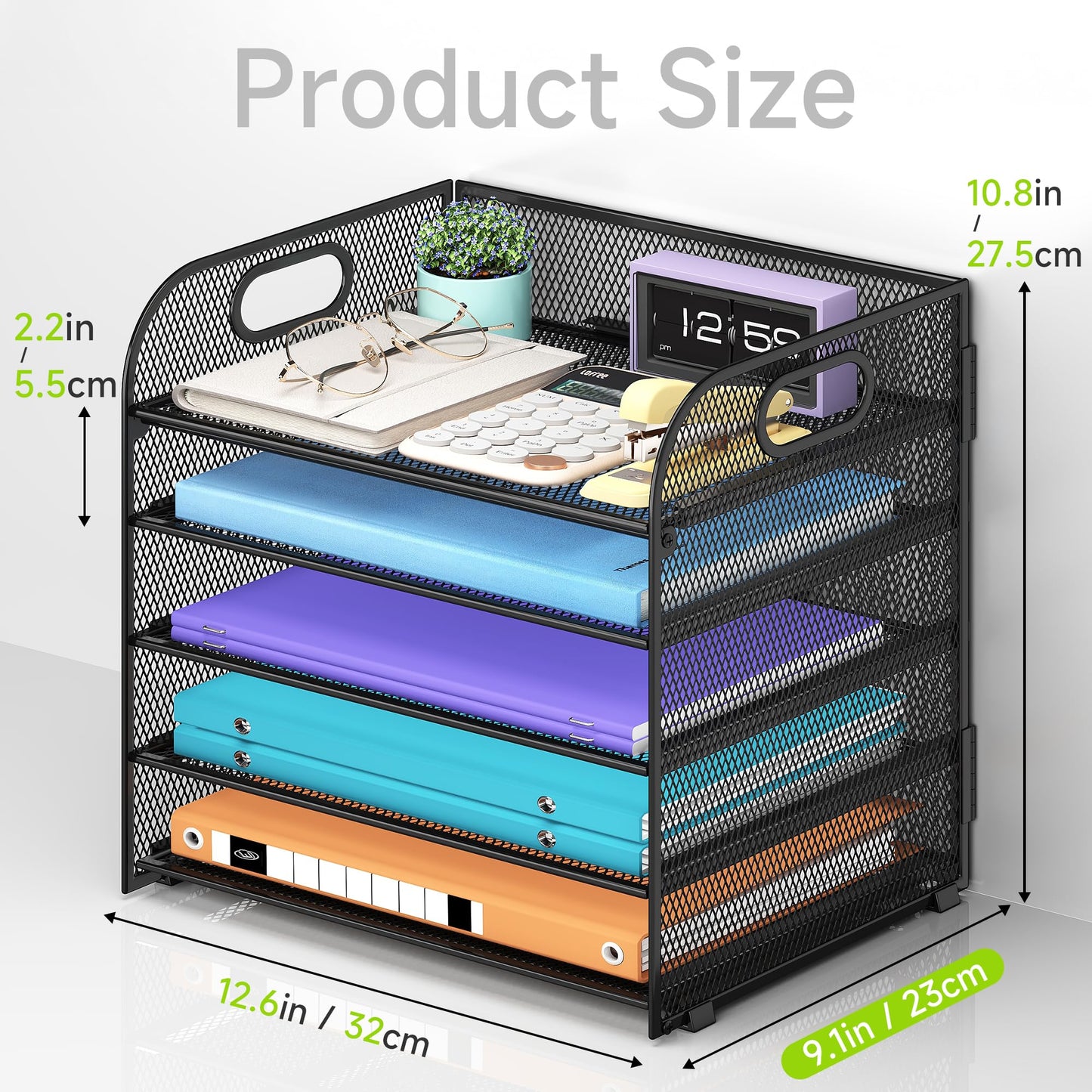 Cawukege 2 Pack 5 Tier Paper Organizer, Letter Tray with Handle, Mesh Desk Organizer, Metal File Organizer, Office Desk Accessories for Home, Office, Classroom, School -Black