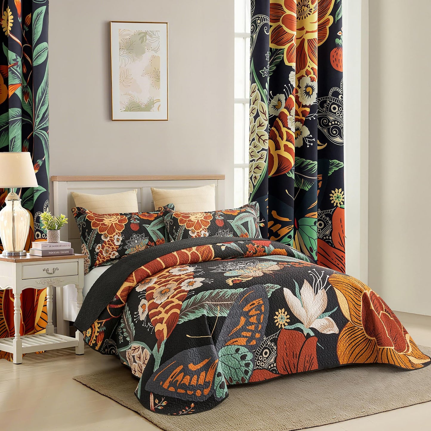 Tyrot 3 Piece Black Boho Floral King Size Quilt Sets Reversible Farmhouse Botanical Lightweight Bedspread Coverlet with 2 Shams Butterfly Microfiber Bedding Quilts Set for All Season, 106''x96''