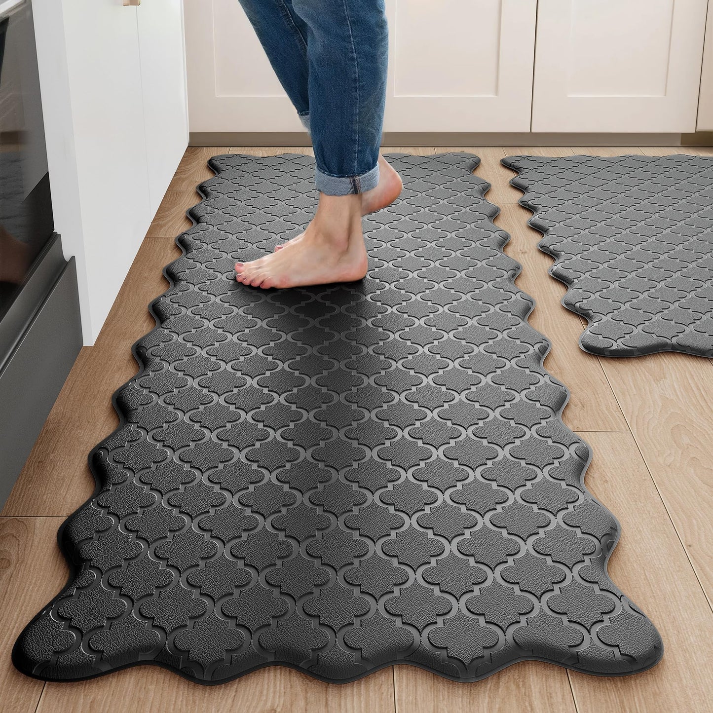 Arenarug Upgrade Scalloped Embossed Kitchen Mats for Floor 2PCS Cushioned Anti Fatigue Waterproof Foam Kitchen Rugs Non Slip Washable Comfort Standing Mat for Sink Laundry, 17.3"x30"+17.3"x59", Black