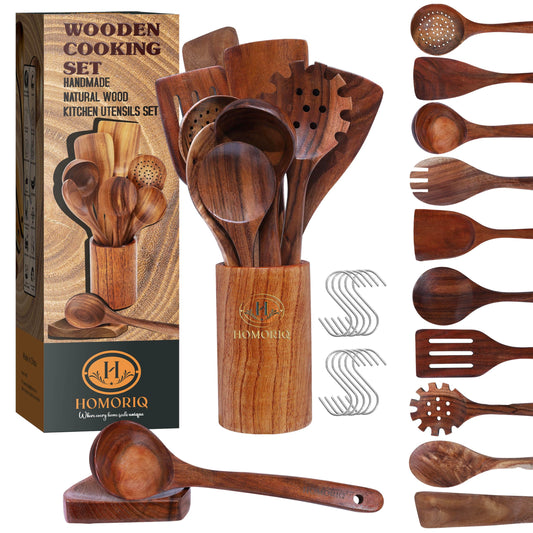 12-Piece Premium Teak Wooden Cooking Utensils Set – Heat-Resistant Spoons & Spatulas with Holder and Spoon Rest | Non-Stick Safe, Lightweight Natural Wood Kitchen Tools