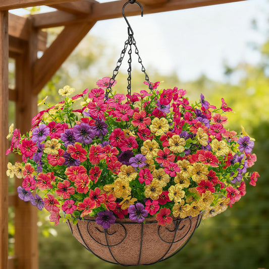 2 Set Artificial Faux Hanging Flowers Plants Basket for Outdoors Outside Spring Summer Decoration,2 Hanging Planters 24pcs Silk Fake Flowers UV Resistant Porch Patio Front Garden Home (4 Multicolor)