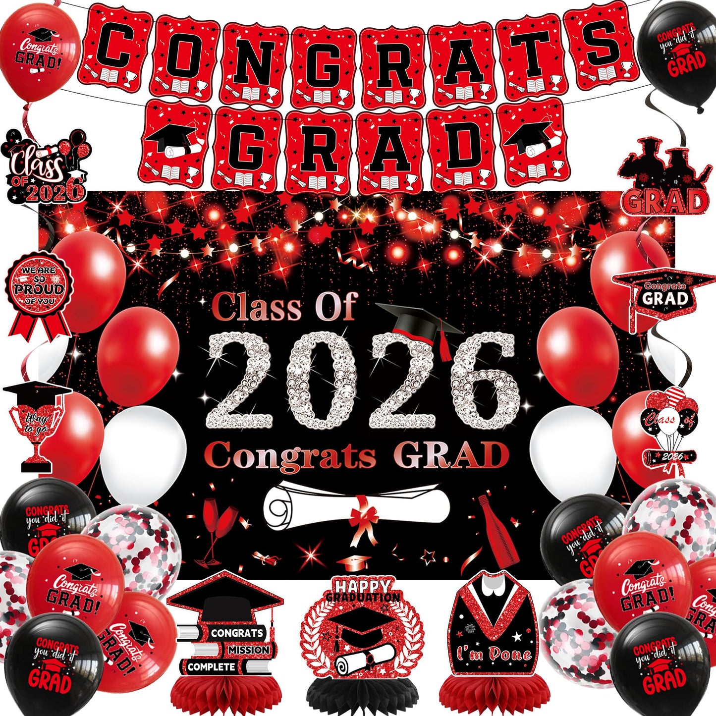 DARUNAXY Black Red Graduation Party Decorations, Red Class of 2026 Graduation Banner, 2026 Congrats Grad Honeycomb Hanging Swirl Confetti Balloon Congratulations Graduates Party Supplies(25PC)