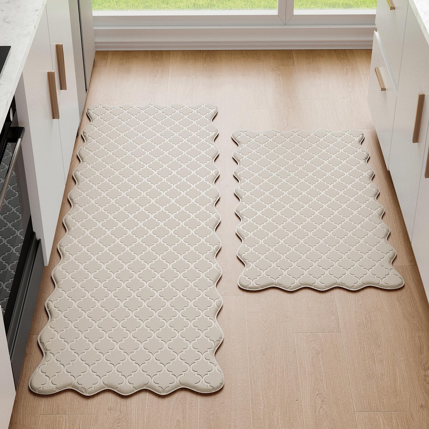 Arenarug Upgrade Scalloped Embossed Kitchen Mats for Floor 2PCS Cushioned Anti Fatigue Waterproof Foam Kitchen Rugs Non Slip Washable Comfort Standing Mat for Sink Laundry,17.3"x30"+17.3"x47",Khaki