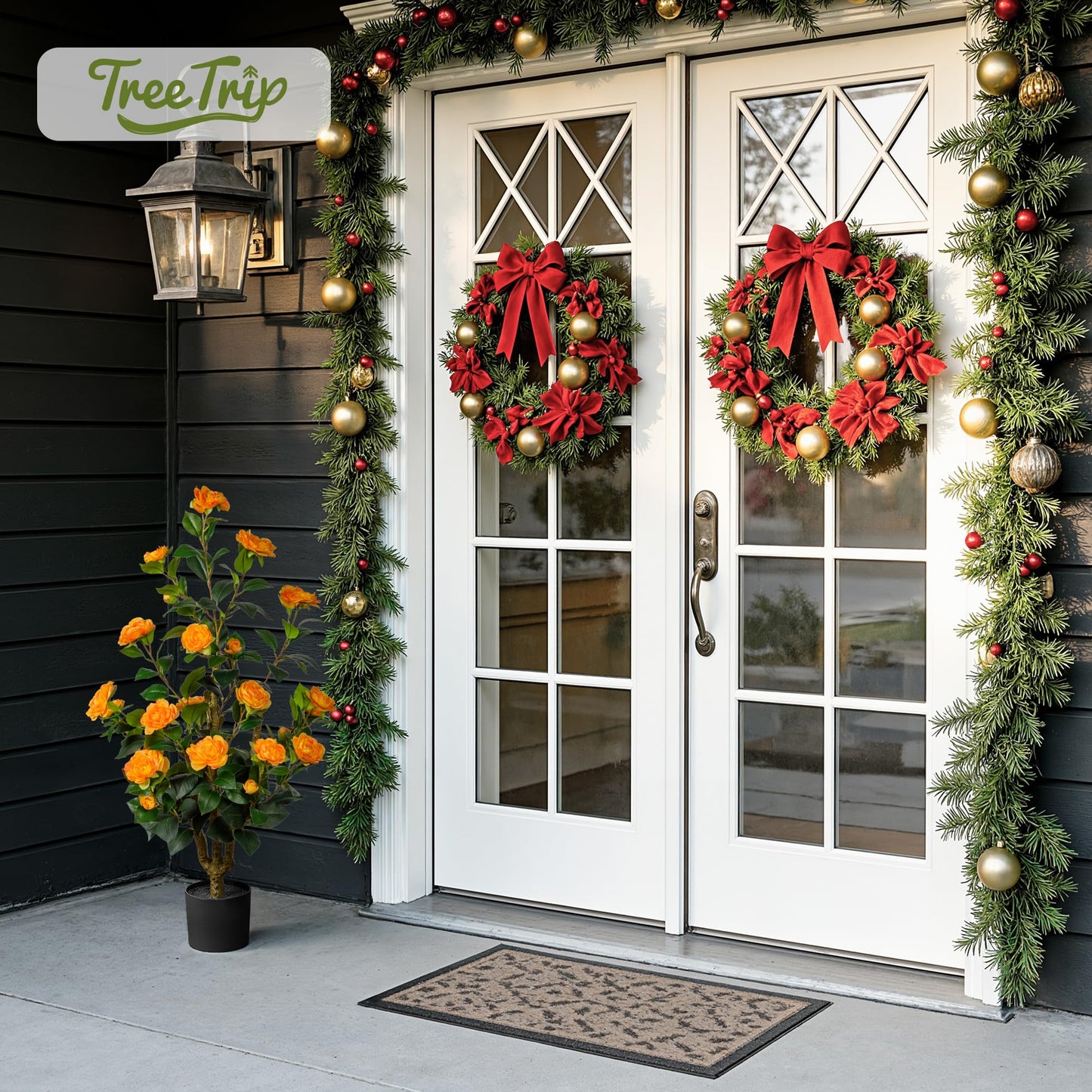 TreeTrip Artificial Camellia Tree 3.3 FT 2 Pack, Christmas Decor Fake Camellia Plant with Blooming Flowers&Natural Wood Trunk, Greenery Faux Potted Plant for Home Office Winter Indoor (Orange, 3.3FT)