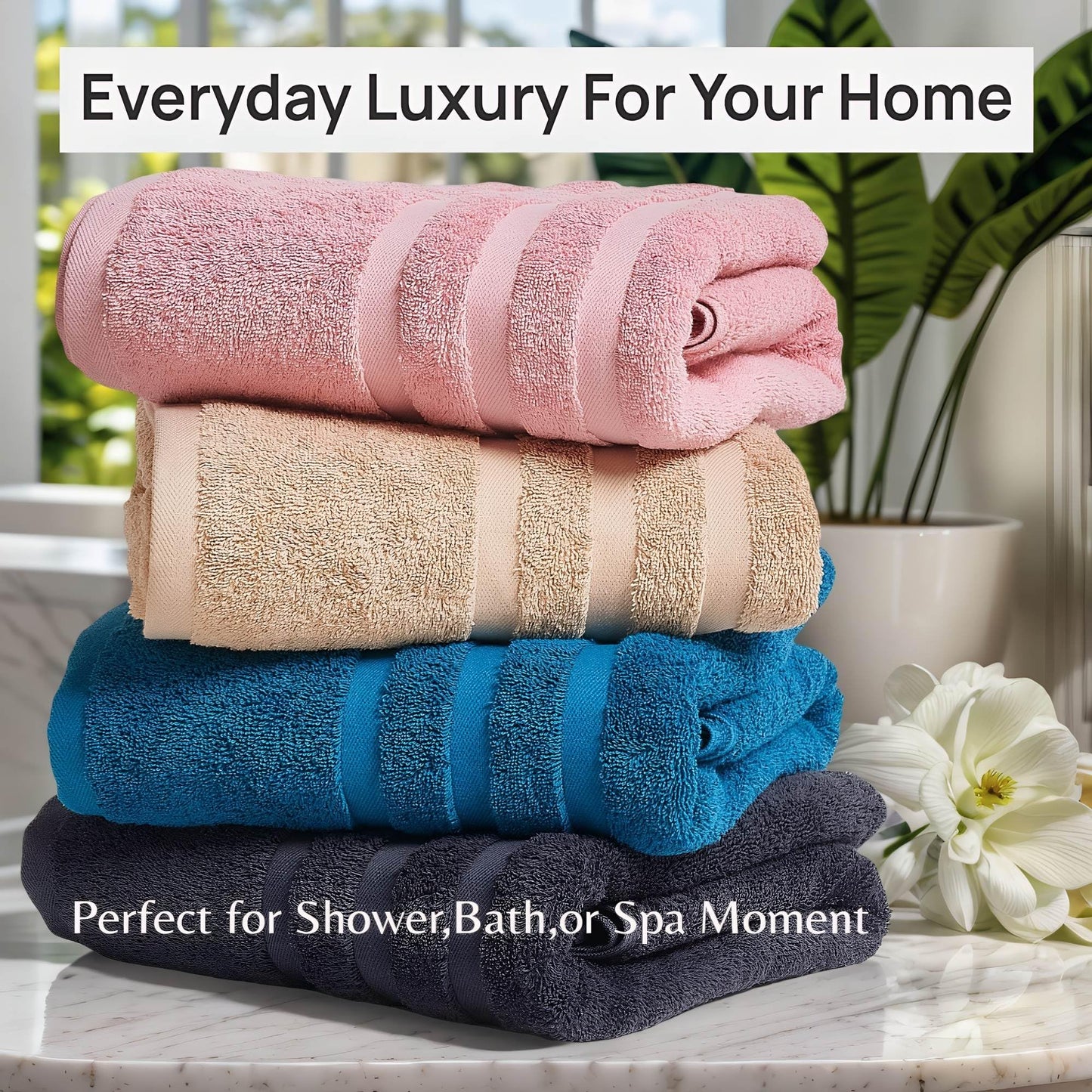 Velqora Bath Towels 4 Pack, 30 x 60 Inches, Large 100% Cotton Towels, Soft, Absorbent, Comfortable for Home, Spa, and Gym, (Pink,Gray,Beige,Blue)