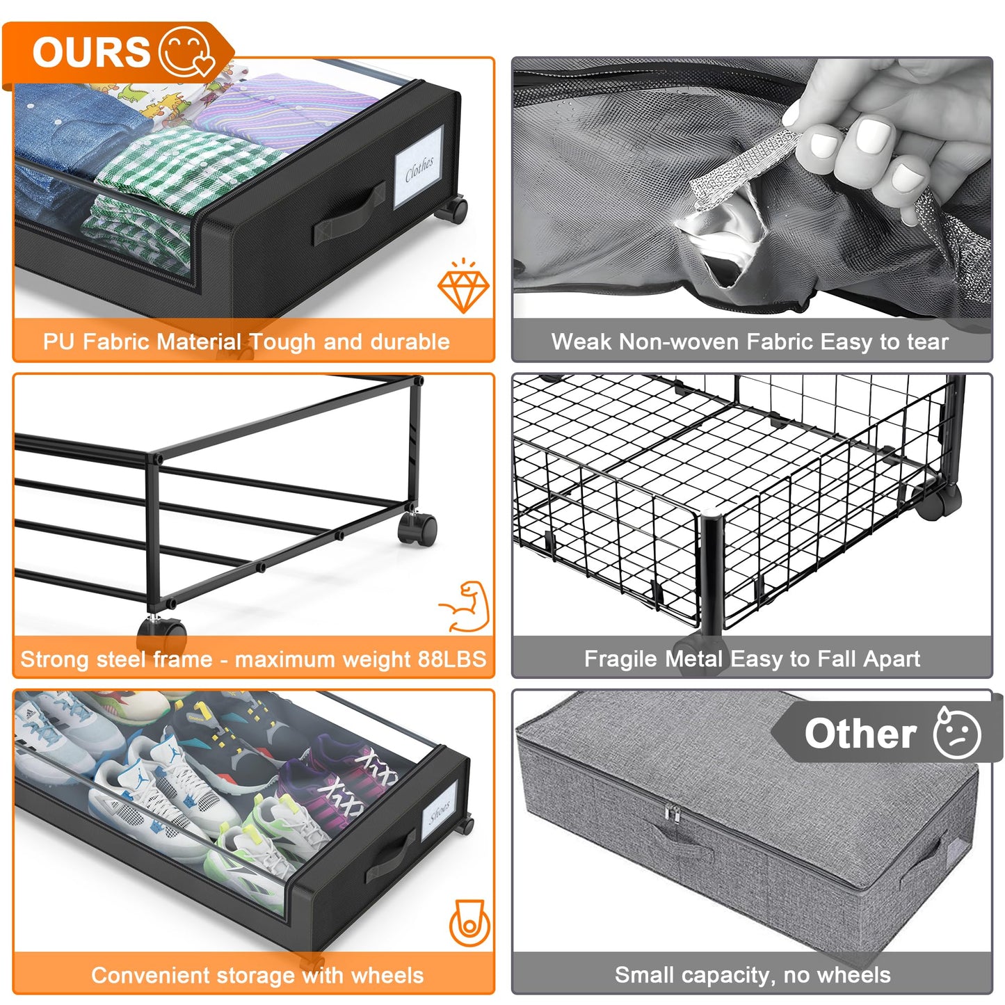 Under Bed Storage with Wheels, 2 Pack Under Bed Storage Containers with Clear Lids, XXL 65L Under Bed Storage Organizer, Rolling Under Bed Metal Drawer for Blanket, Clothes, Shoes (31 x 17 x 6.69 in)