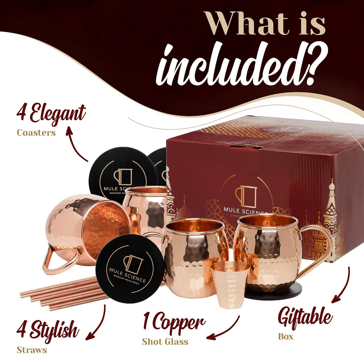 Advanced Mixology Mule Science Moscow Mule Copper Mugs Gift Set of 4 (19 oz) – Handcrafted Hammered Copper Cups, Food-Safe & Tarnish-Resistant – Includes Straws, Coasters & Shot Glass